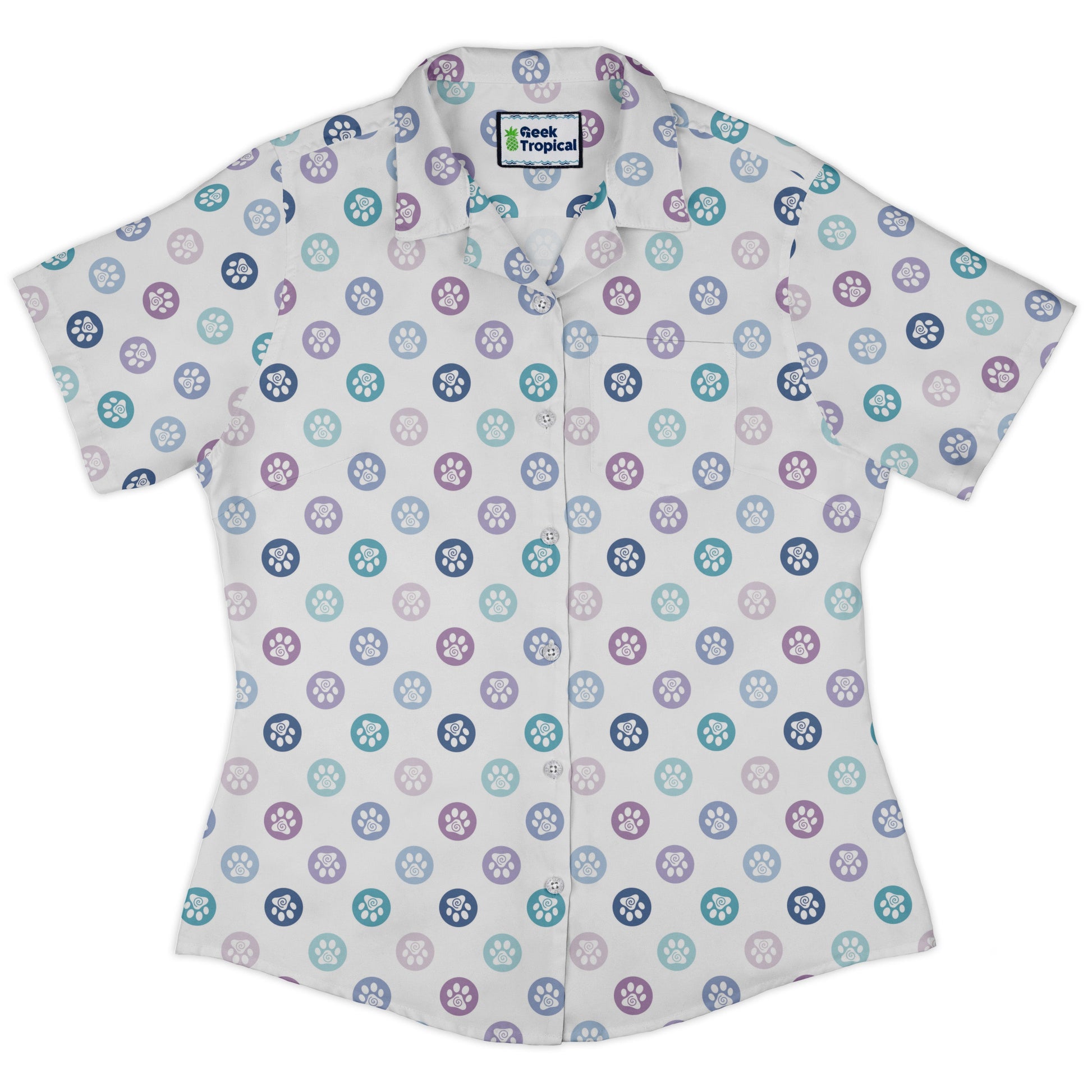 Paw Print Polka Dots White Curvy Button Up Shirt womens front