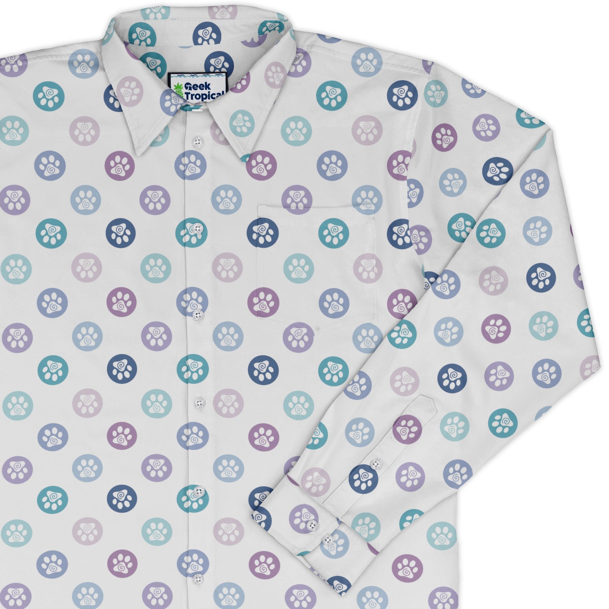 Paw Print Polka Dots White Long Sleeve Button Up Shirt cover