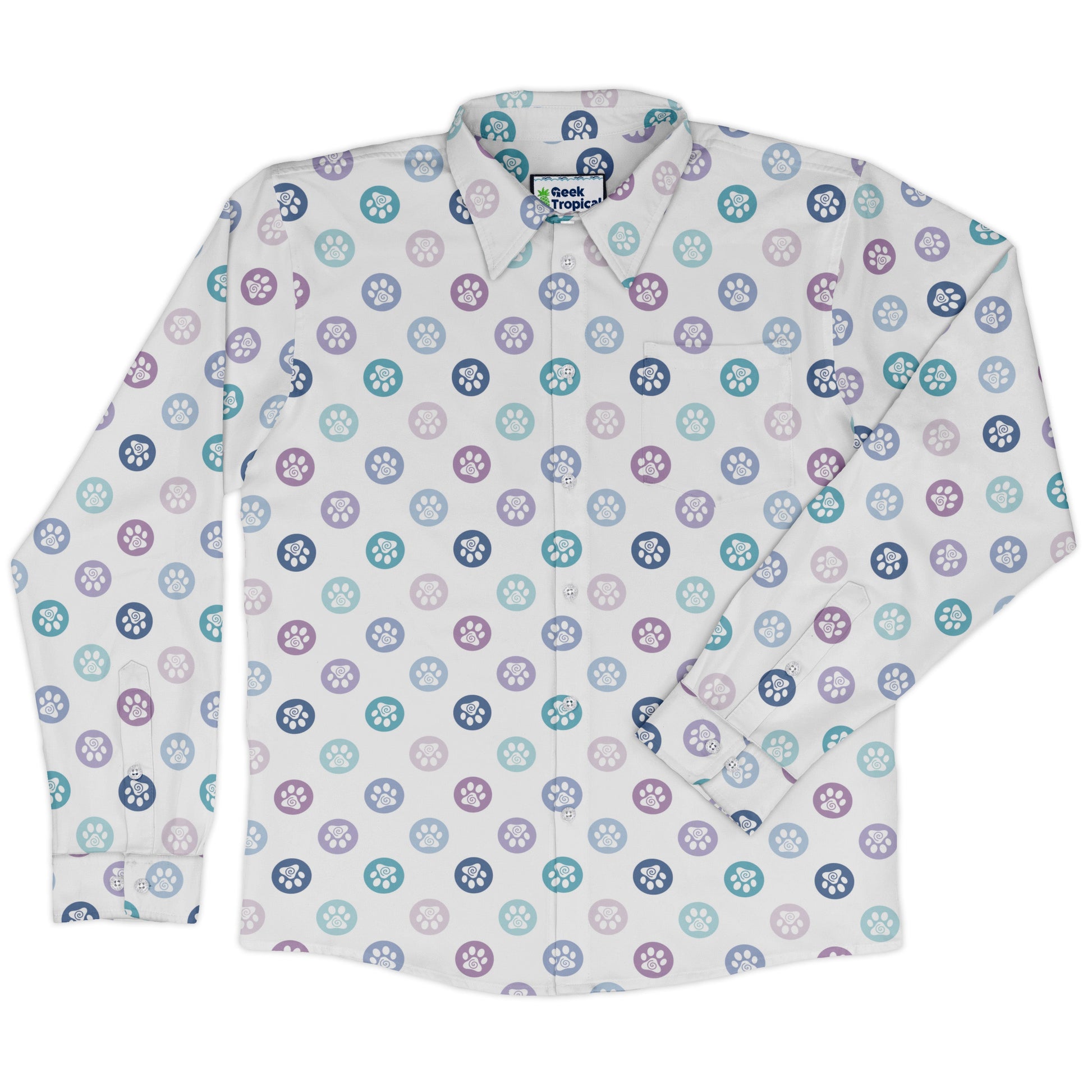 Paw Print Polka Dots White Long Sleeve Button Up Shirt front