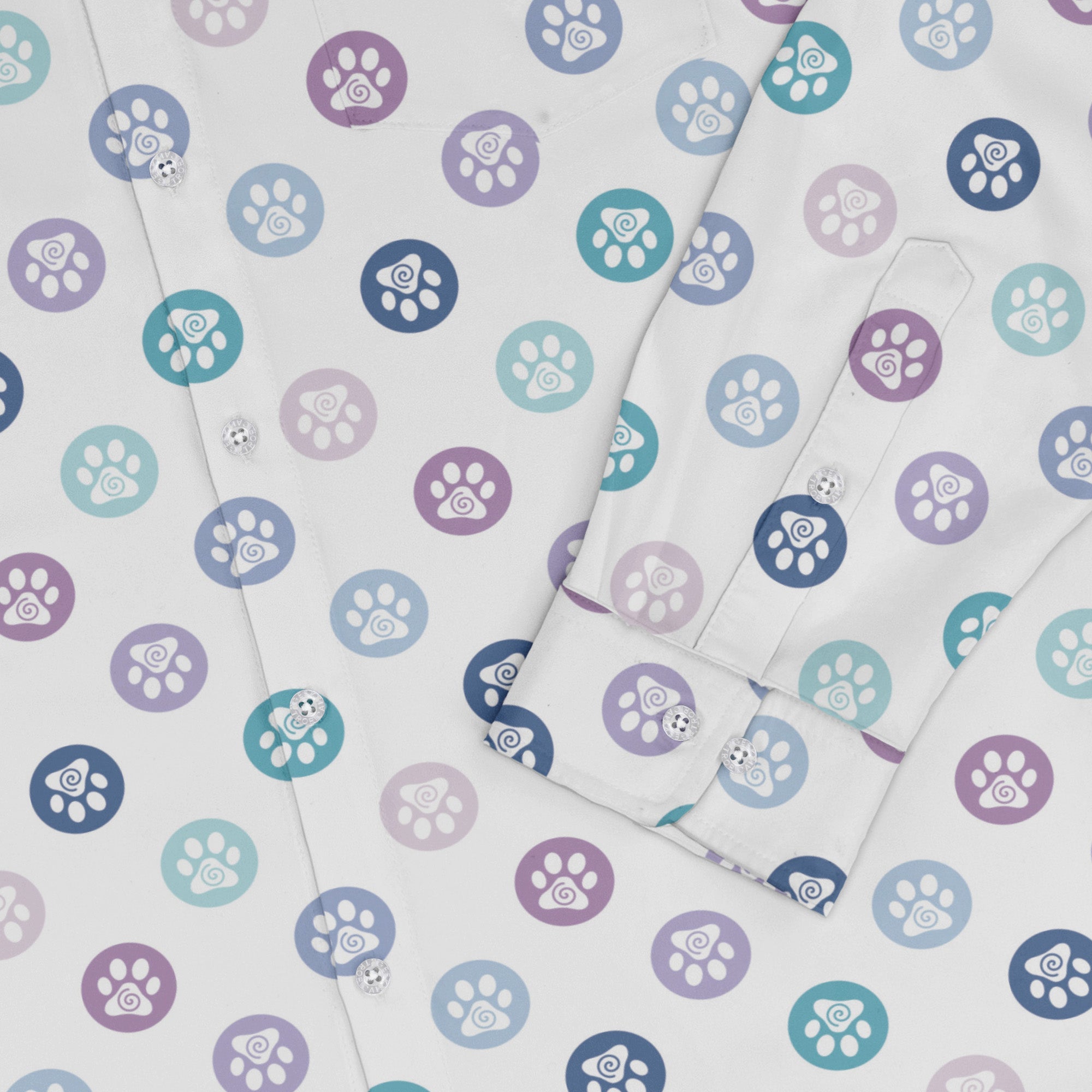 Paw Print Polka Dots White Long Sleeve Button Up Shirt sleeve close