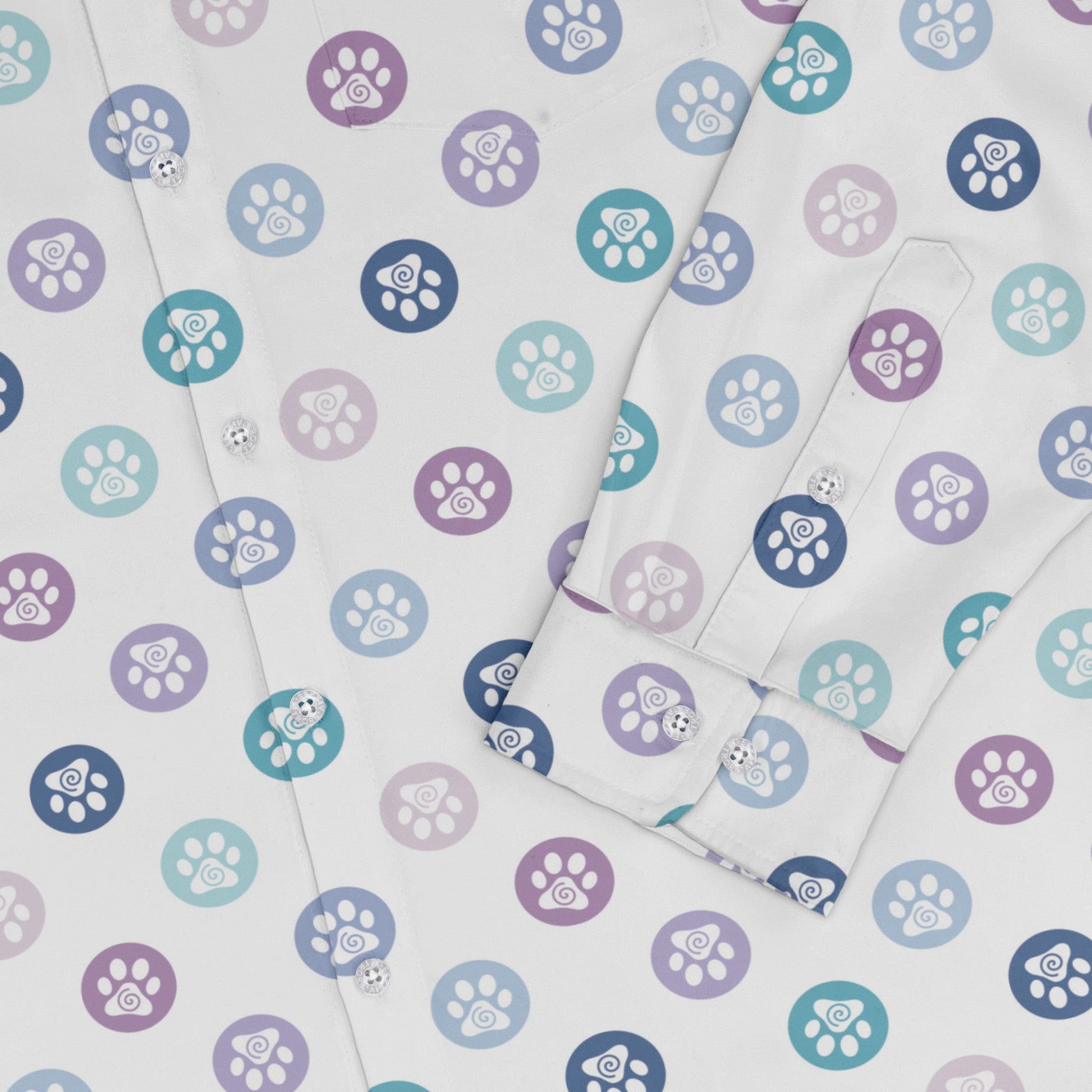 Paw Print Polka Dots White Long Sleeve Button Up Shirt sleeve close