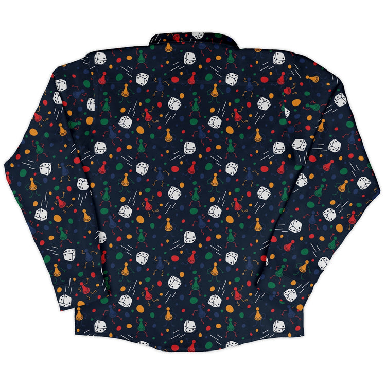 Pawn Party Blue Board Game Long Sleeve Button Up Shirt Geek Nerd adult sizing board game print FLOW DESC WRITING