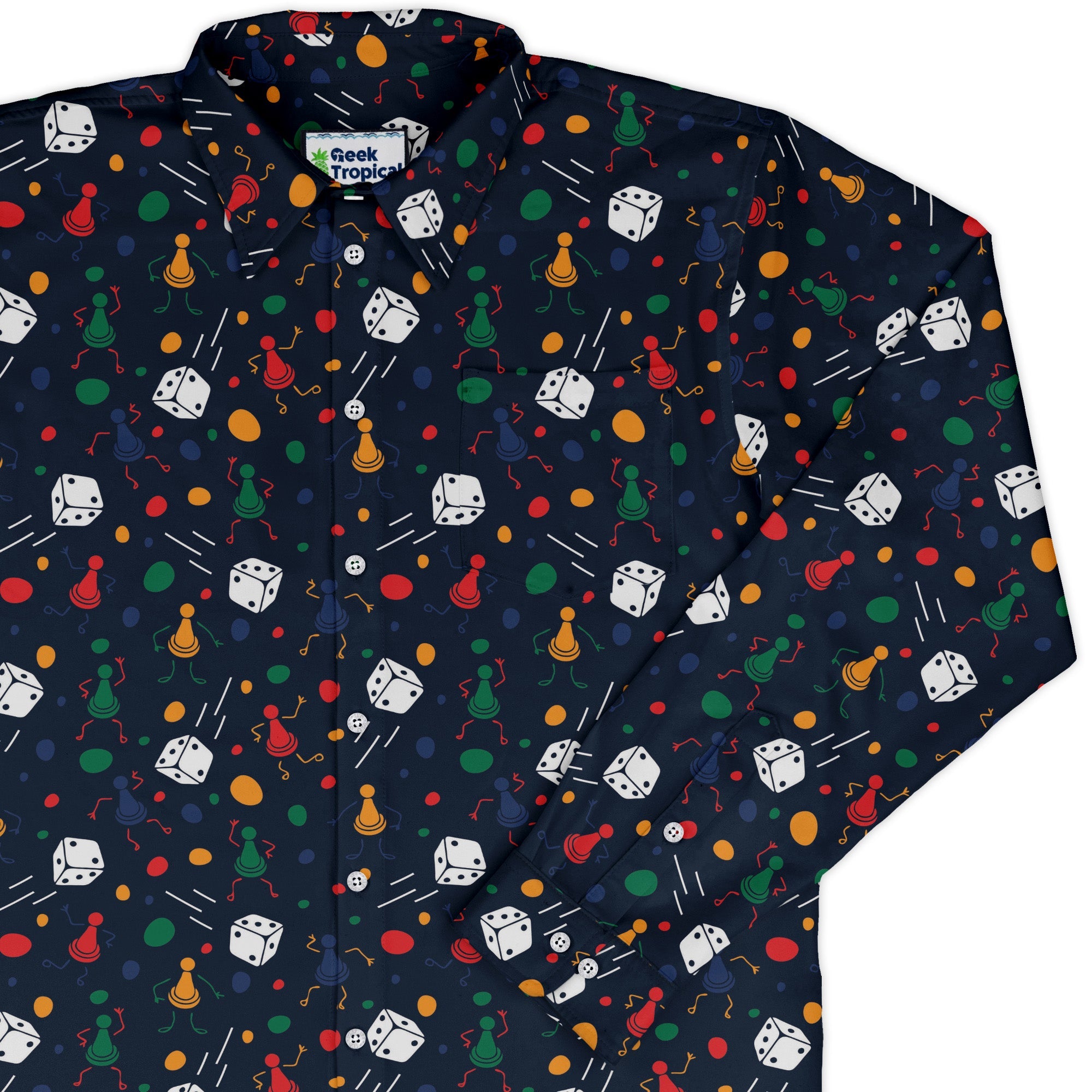 Pawn Party Blue Board Game Long Sleeve Button Up Shirt Geek Nerd adult sizing board game print FLOW DESC WRITING