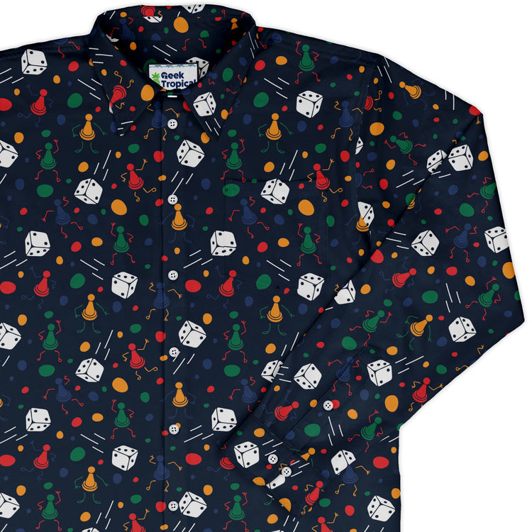 Pawn Party Blue Board Game Long Sleeve Button Up Shirt Geek Nerd adult sizing board game print FLOW DESC WRITING