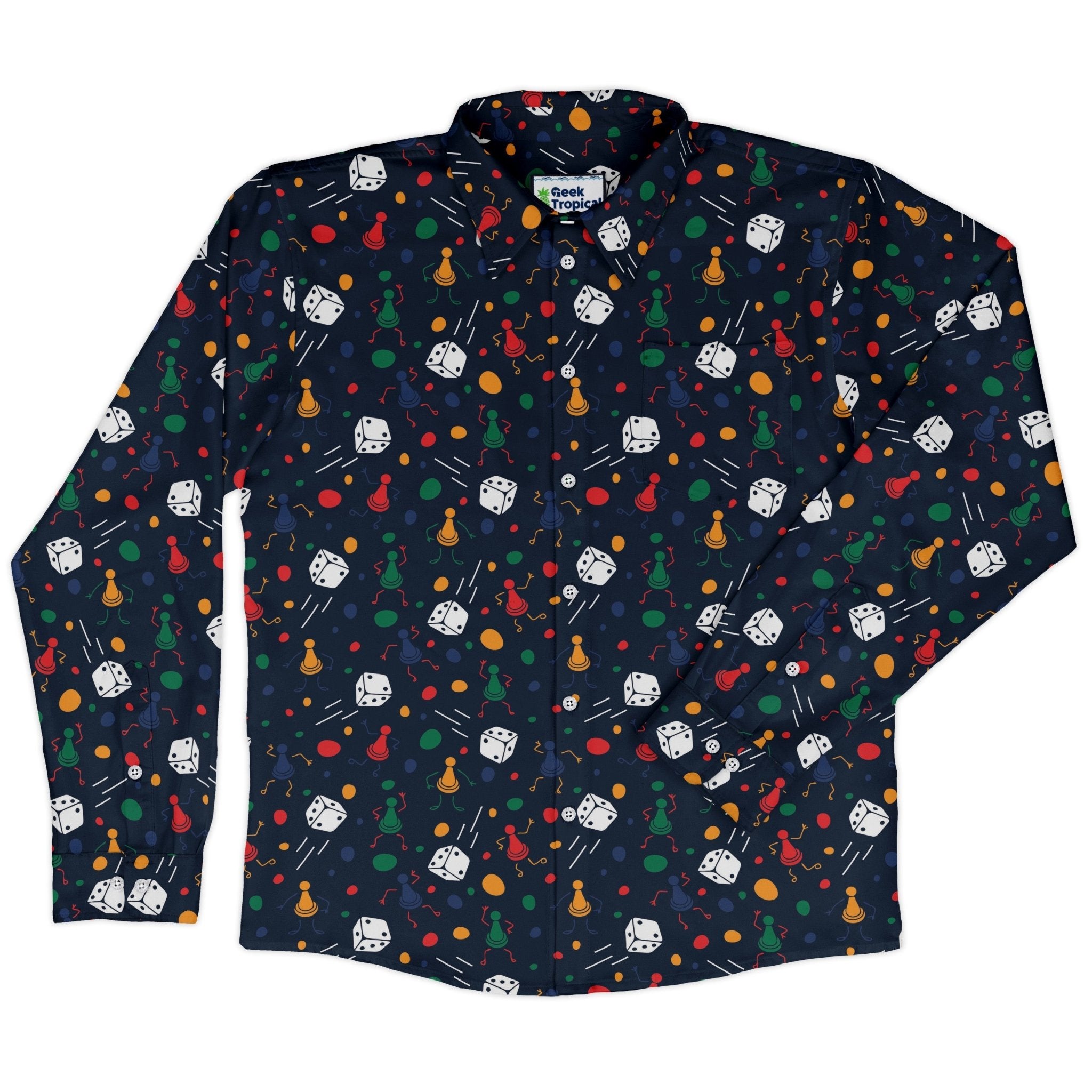 Pawn Party Blue Board Game Long Sleeve Button Up Shirt Geek Nerd adult sizing board game print FLOW DESC WRITING