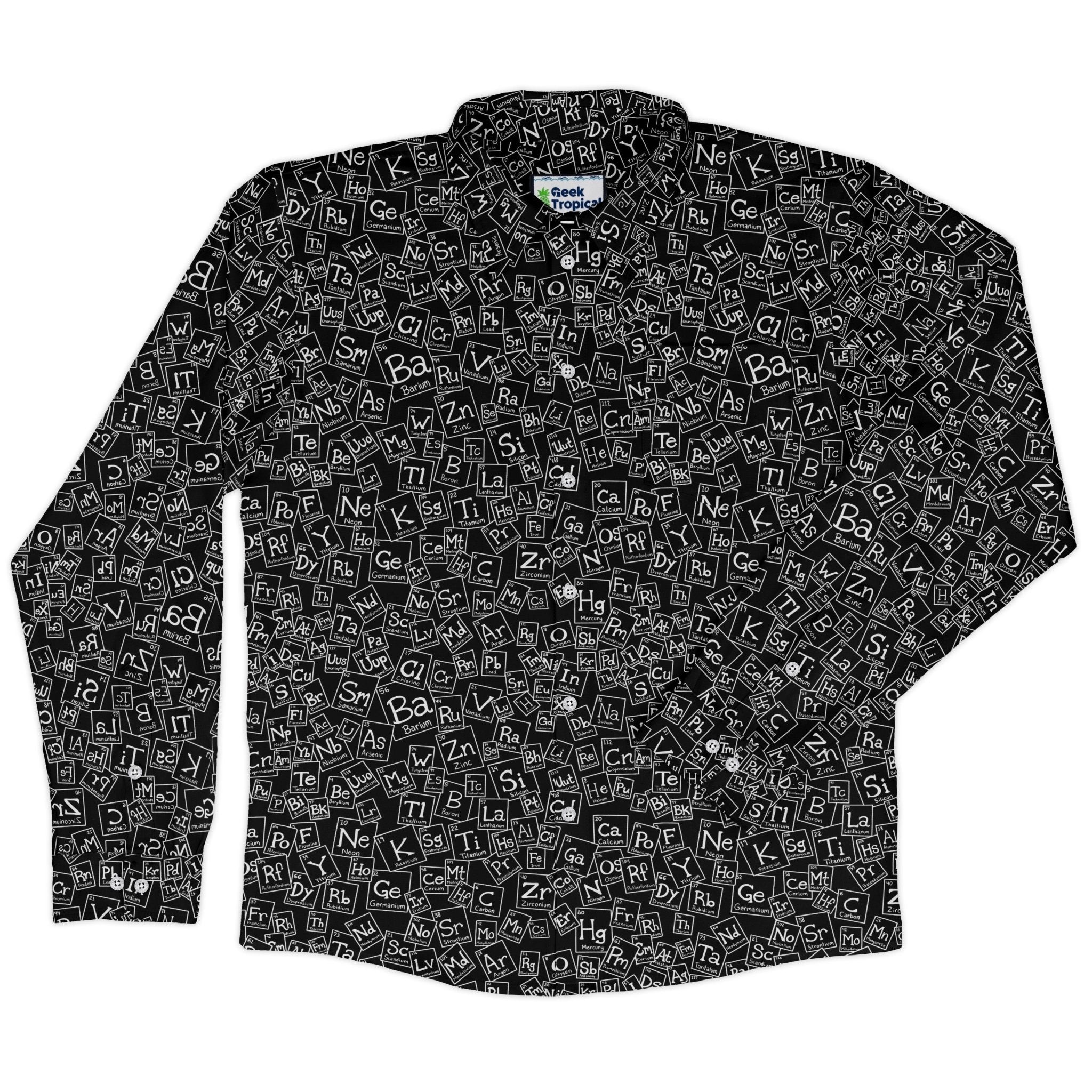 Periodic Table BW Long Sleeve Button Up Shirt Geek Nerd adult sizing Design by Julie Kitzes FLOW DESC WRITING