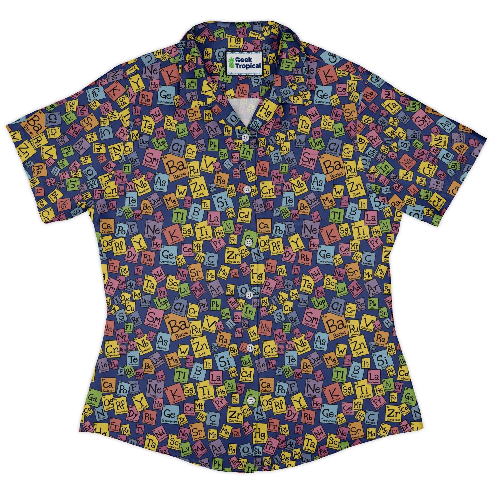 Periodic Table Blue Curvy Button Up Shirt Geek Nerd Design by Julie Kitzes q225 science print