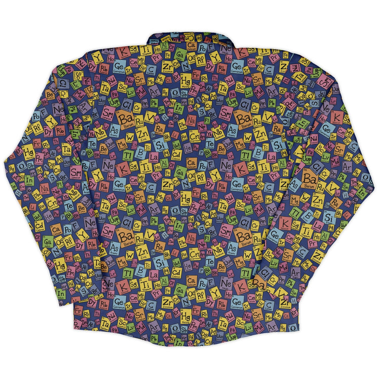 Periodic Table Blue Long Sleeve Button Up Shirt Geek Nerd adult sizing Design by Julie Kitzes FLOW DESC WRITING