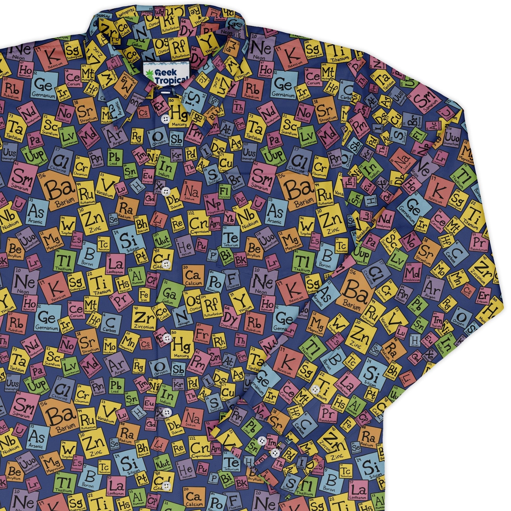Periodic Table Blue Long Sleeve Button Up Shirt Geek Nerd adult sizing Design by Julie Kitzes FLOW DESC WRITING