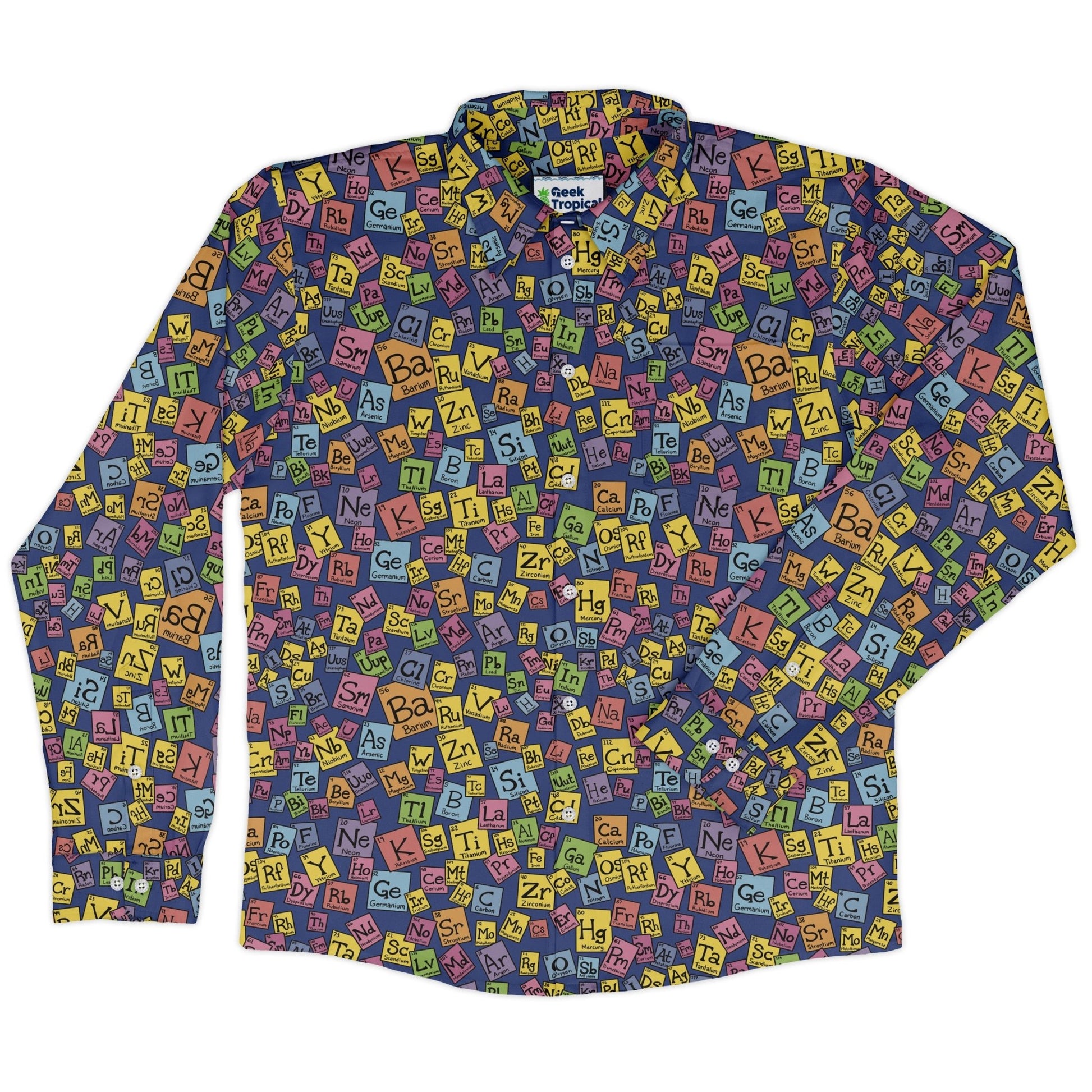 Periodic Table Blue Long Sleeve Button Up Shirt Geek Nerd adult sizing Design by Julie Kitzes FLOW DESC WRITING