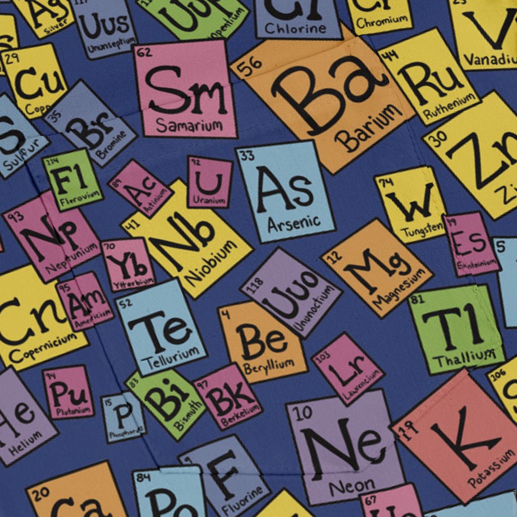 Periodic Table Blue Long Sleeve Button Up Shirt Geek Nerd adult sizing Design by Julie Kitzes FLOW DESC WRITING