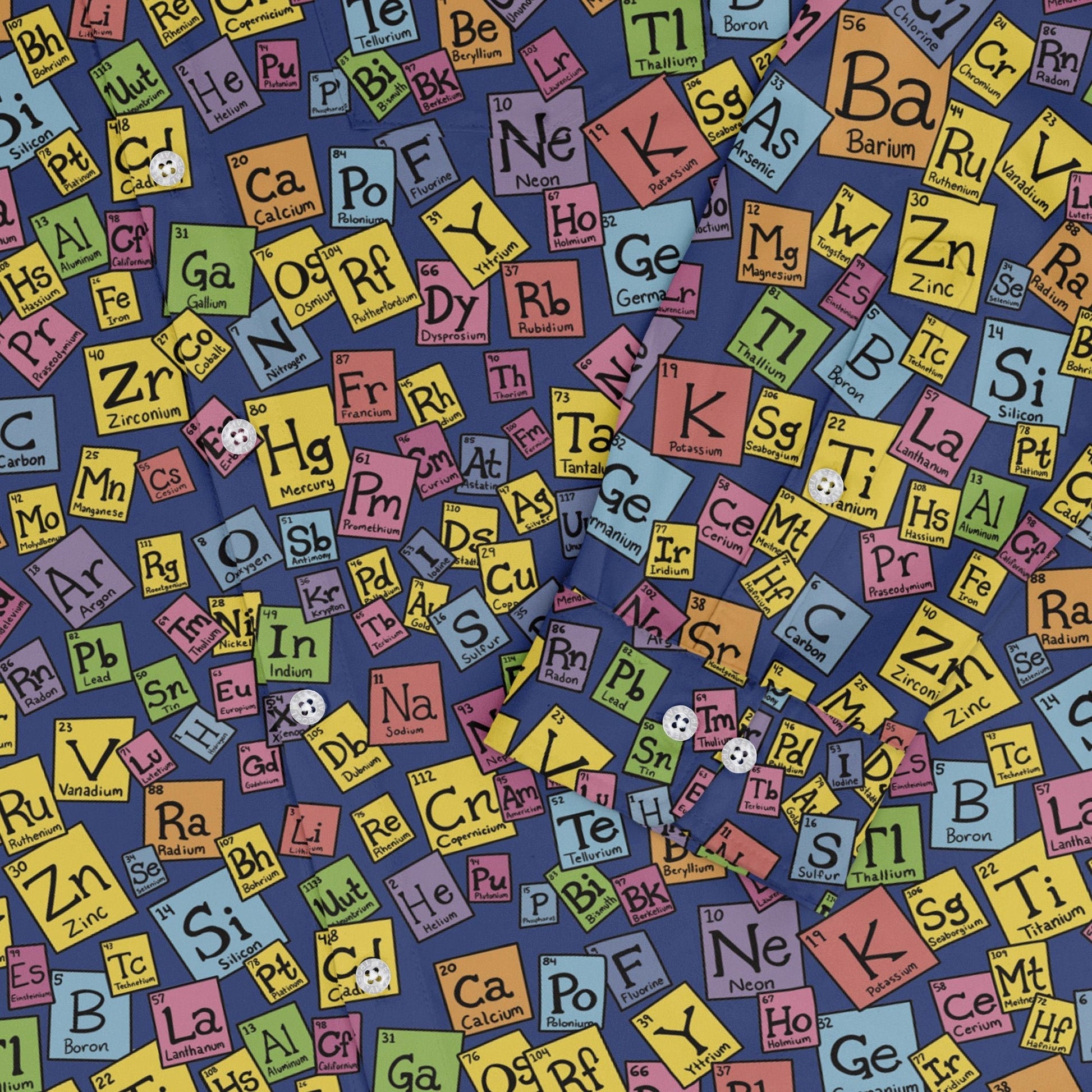 Periodic Table Blue Long Sleeve Button Up Shirt Geek Nerd adult sizing Design by Julie Kitzes FLOW DESC WRITING