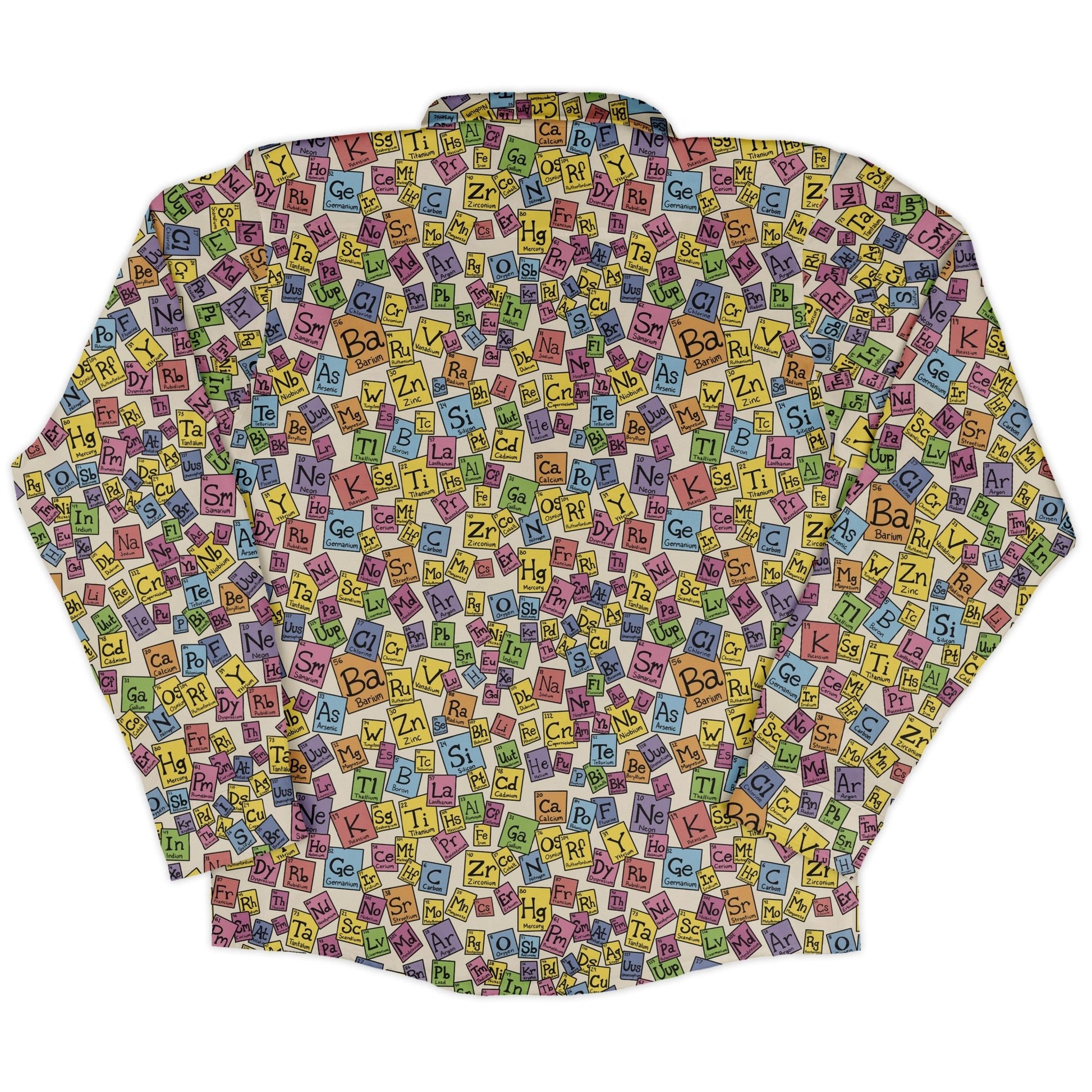 Periodic Table Tan Long Sleeve Button Up Shirt Geek Nerd adult sizing Design by Julie Kitzes FLOW DESC WRITING