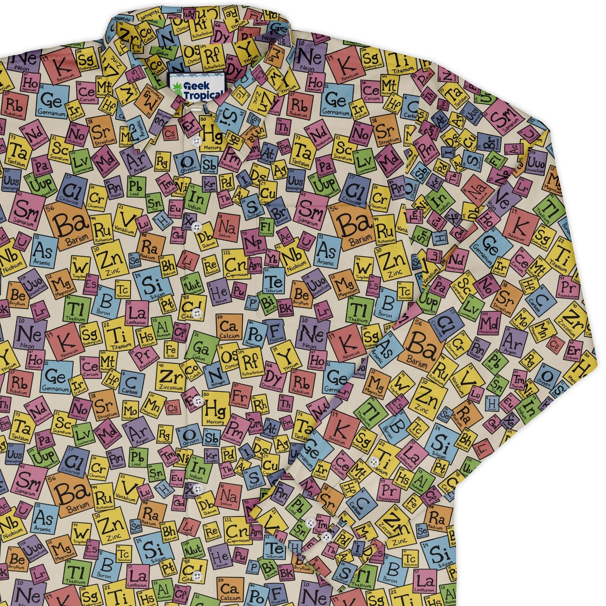 Periodic Table Tan Long Sleeve Button Up Shirt Geek Nerd adult sizing Design by Julie Kitzes FLOW DESC WRITING