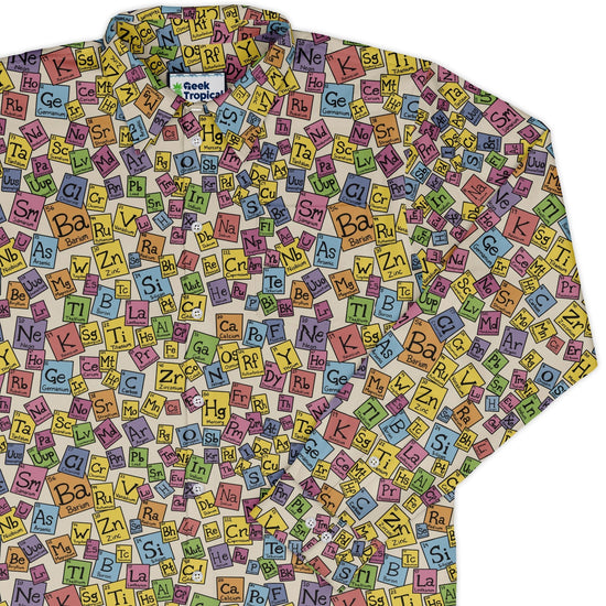 Periodic Table Tan Long Sleeve Button Up Shirt Geek Nerd adult sizing Design by Julie Kitzes FLOW DESC WRITING