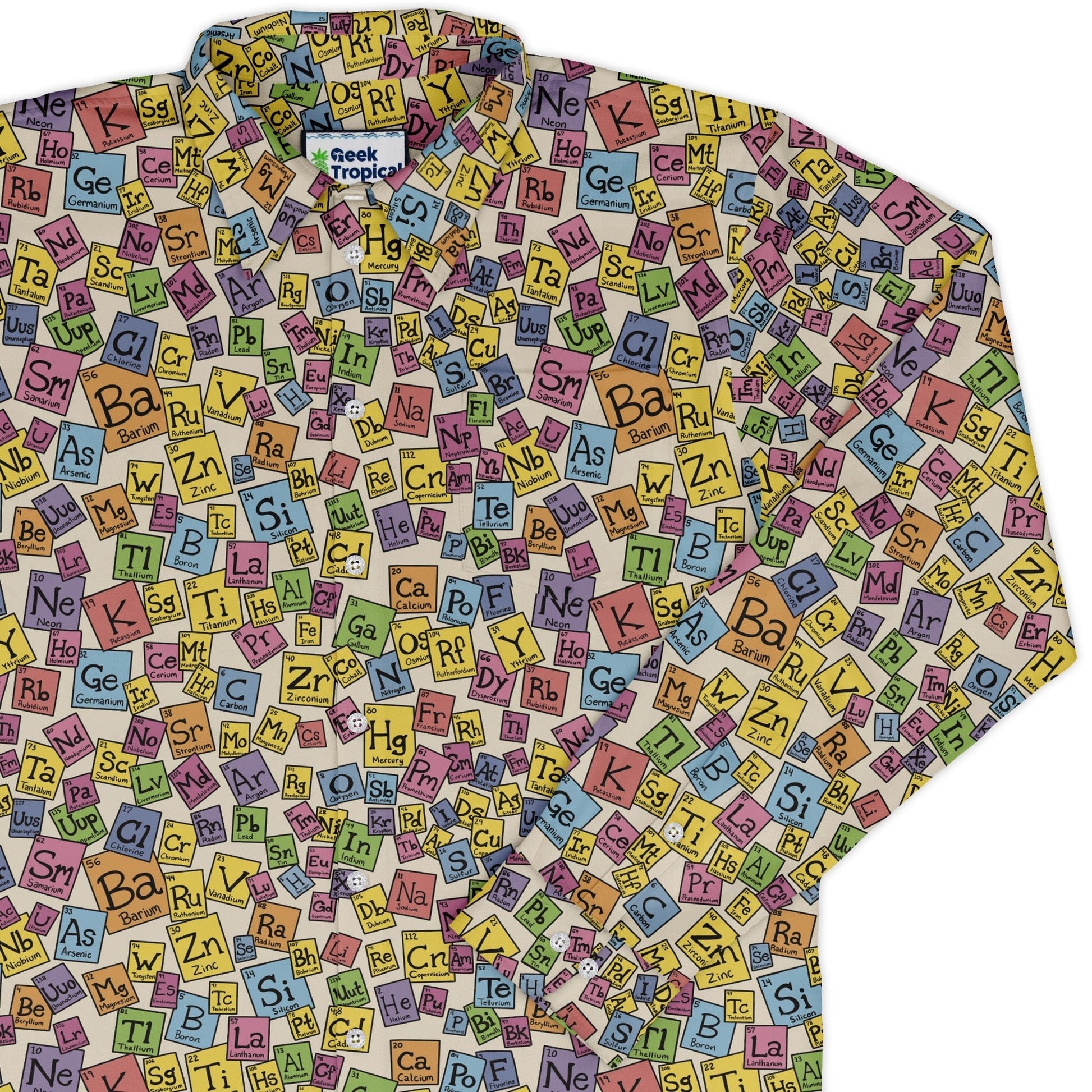 Periodic Table Tan Long Sleeve Button Up Shirt Geek Nerd adult sizing Design by Julie Kitzes FLOW DESC WRITING