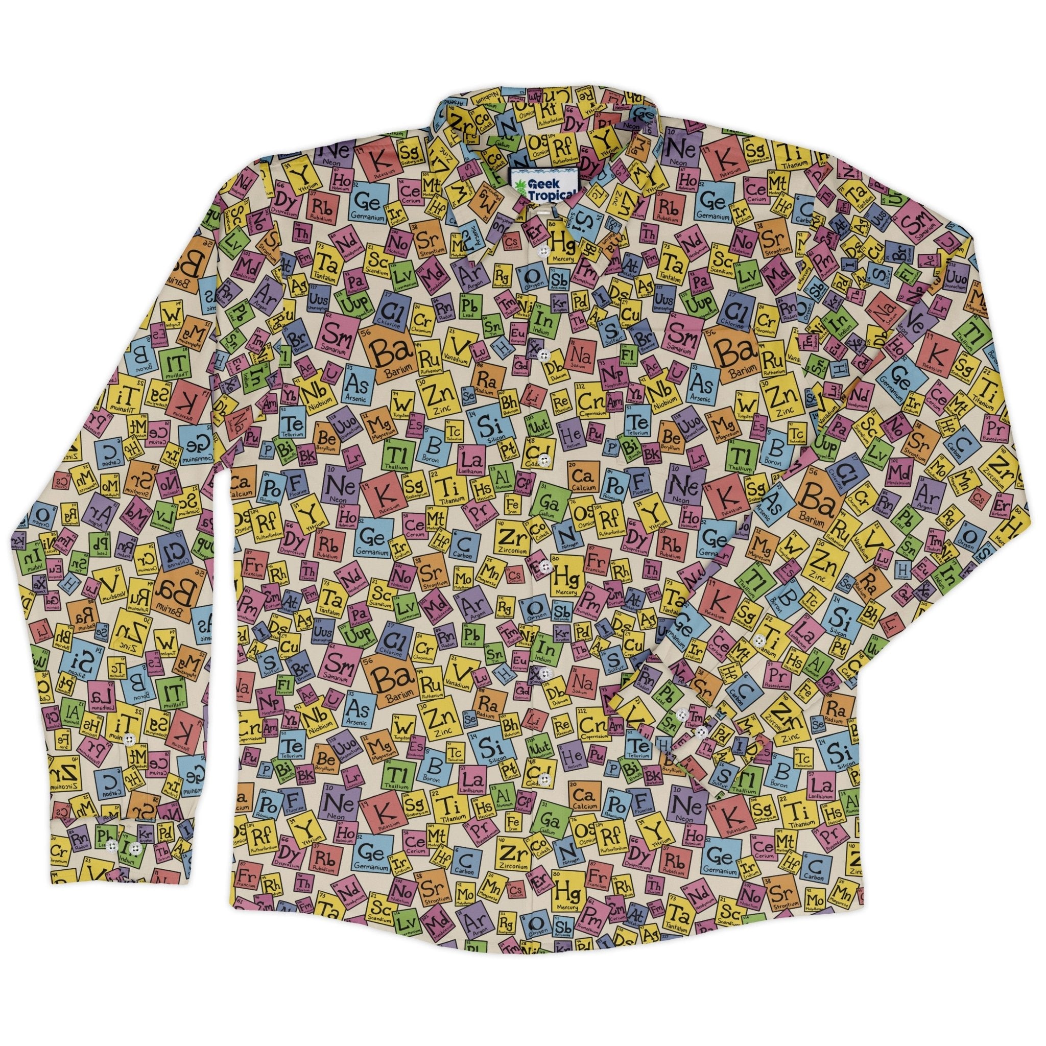 Periodic Table Tan Long Sleeve Button Up Shirt Geek Nerd adult sizing Design by Julie Kitzes FLOW DESC WRITING