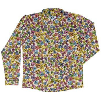 Periodic Table Tan Long Sleeve Button Up Shirt Geek Nerd adult sizing Design by Julie Kitzes FLOW DESC WRITING