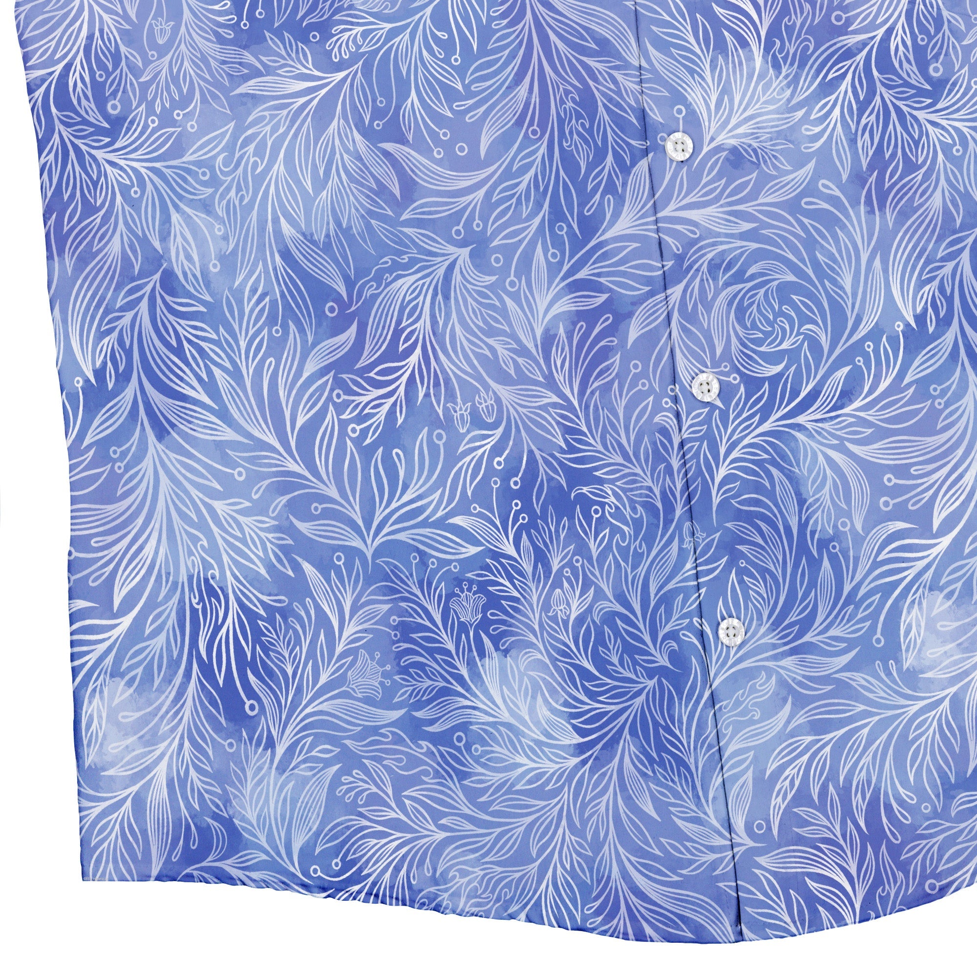Periwinkle Batik Leaves Button Up Shirt Bottom Corner
