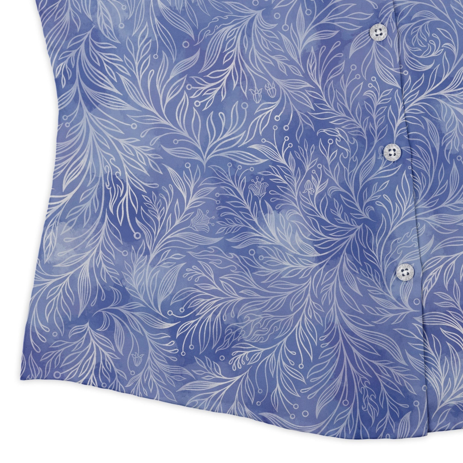 Periwinkle Batik Leaves Curvy Button Up Shirt womens corner