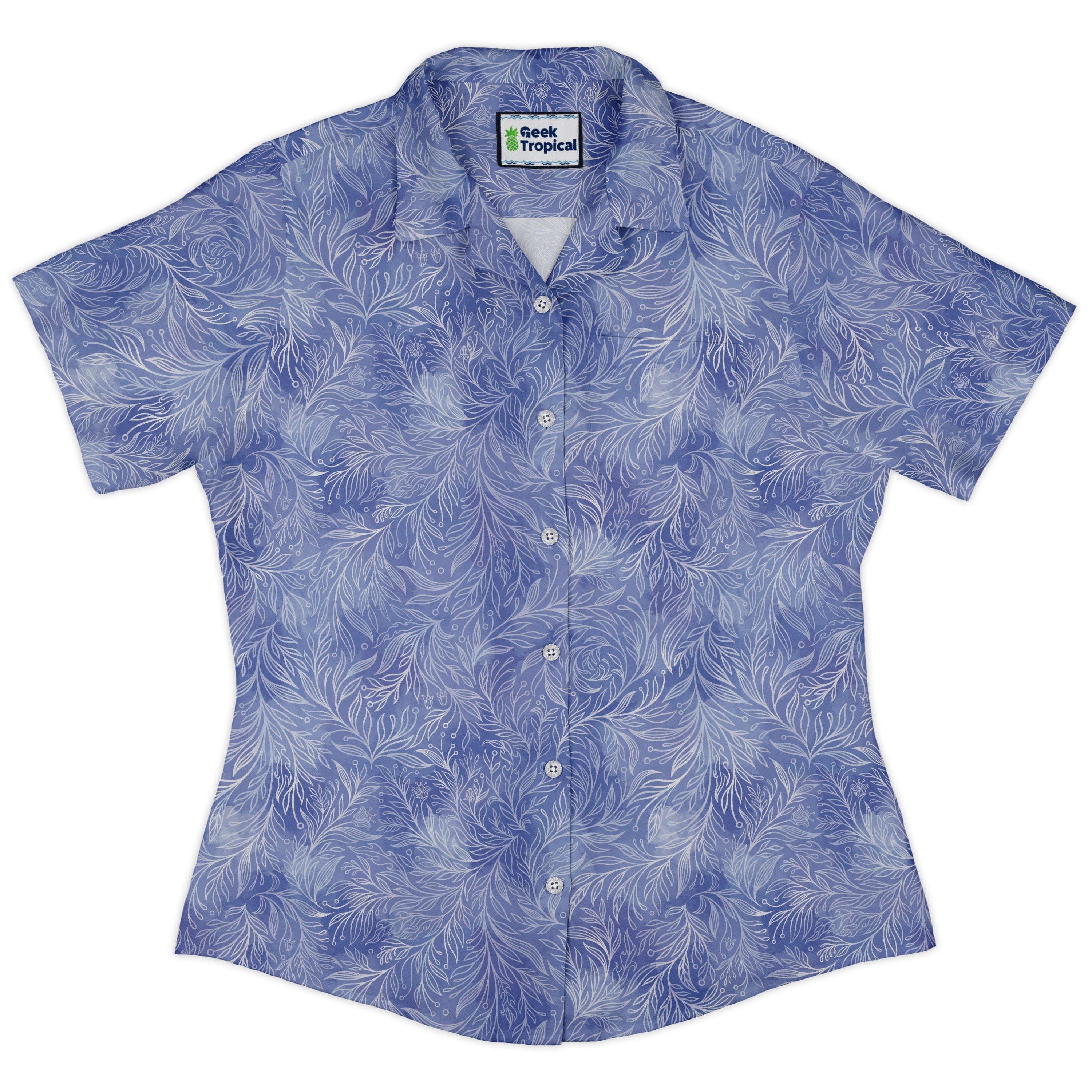 Periwinkle Batik Leaves Curvy Button Up Shirt womens front