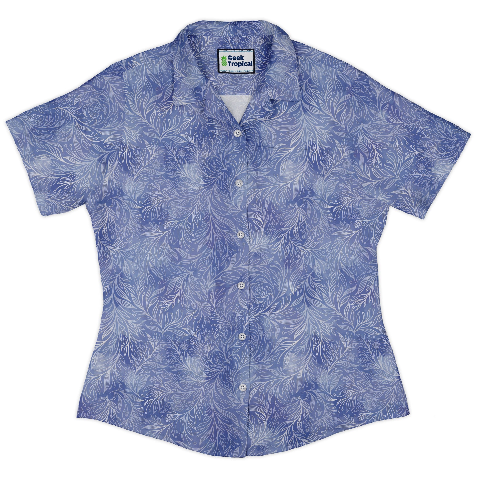 Periwinkle Batik Leaves Curvy Button Up Shirt womens front