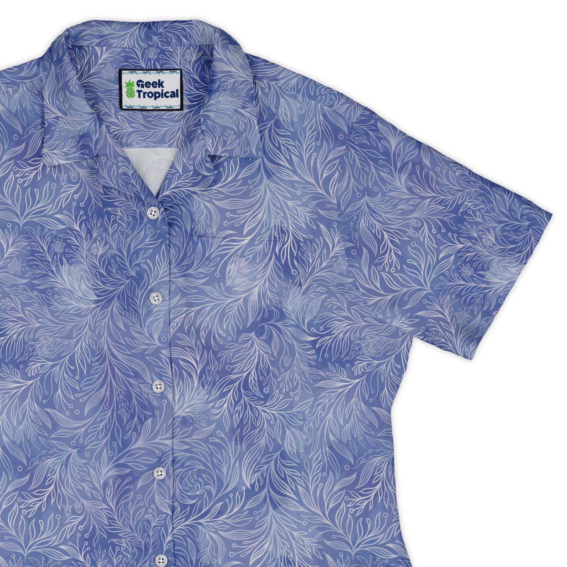 Periwinkle Batik Leaves Curvy Button Up Shirt womens top right