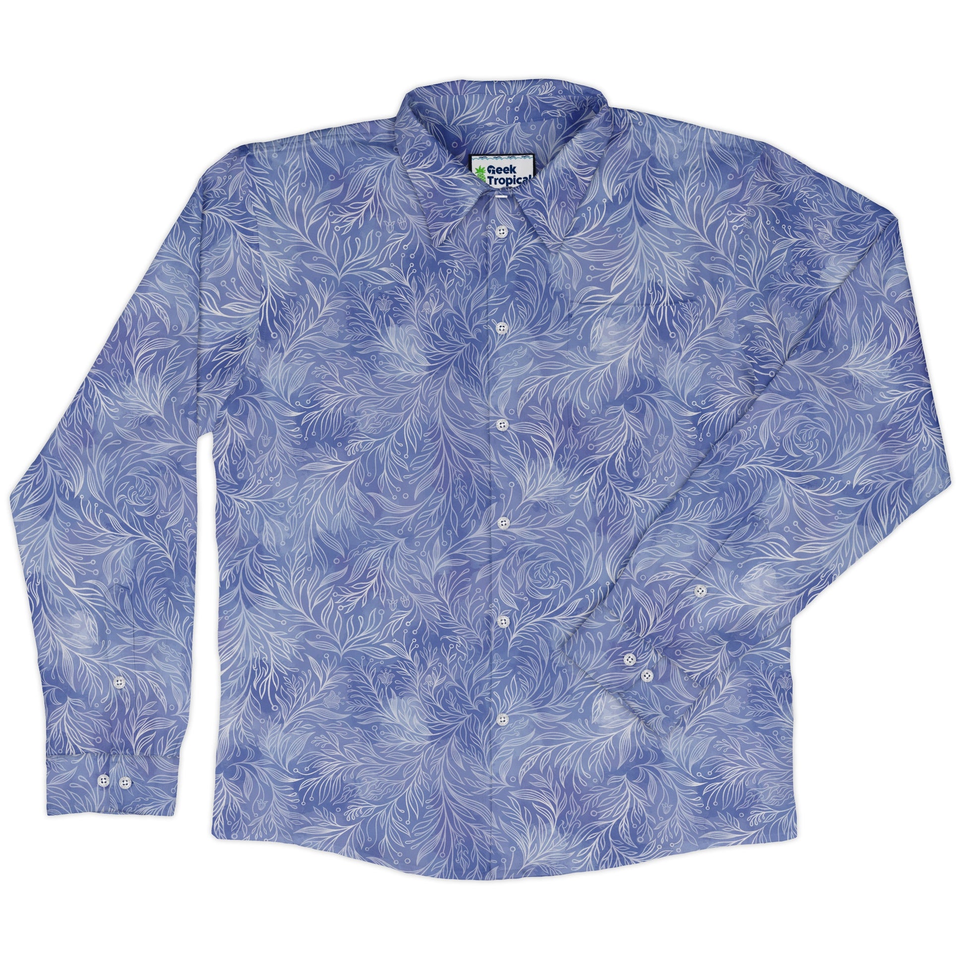 Periwinkle Batik Leaves Long Sleeve Button Up Shirt front