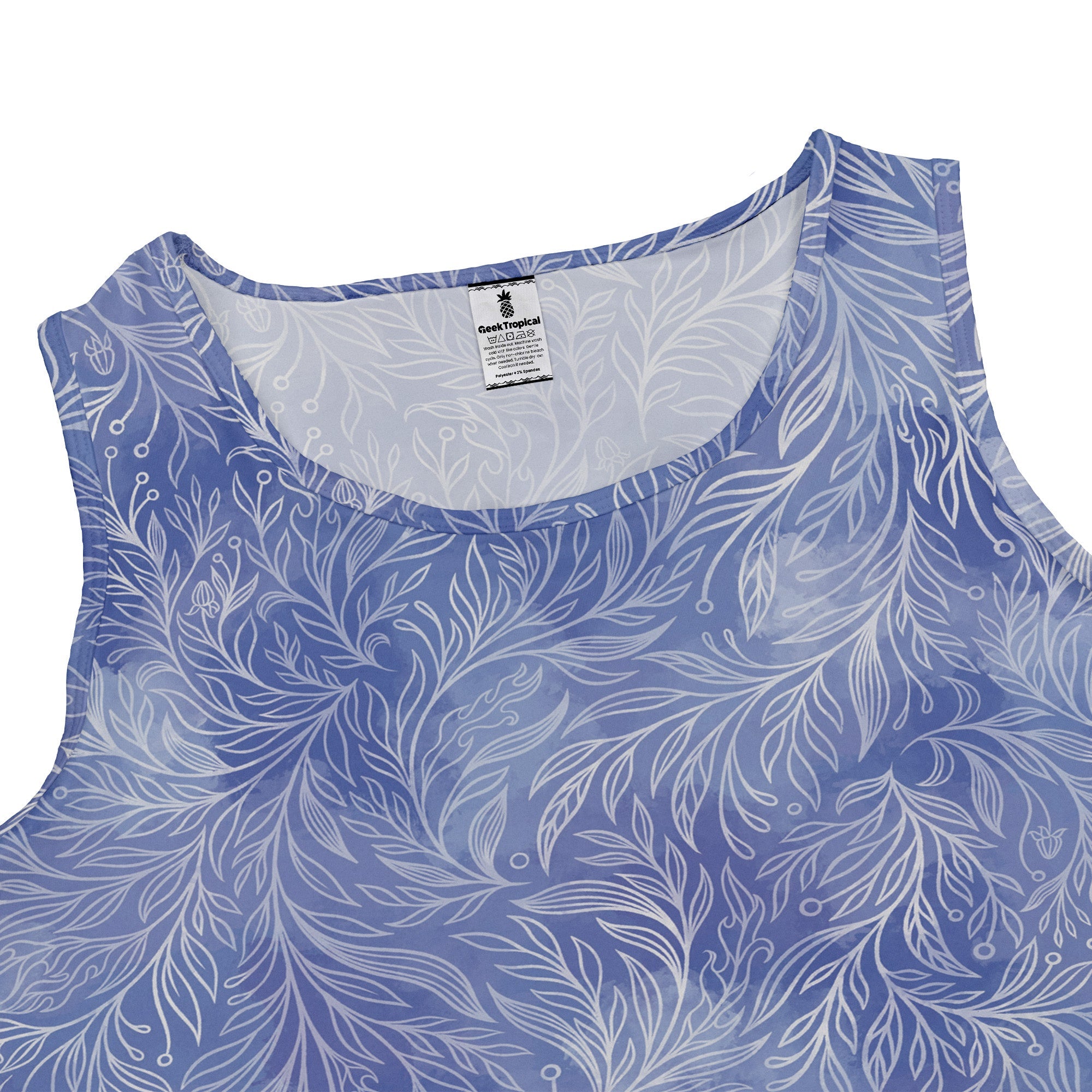 Periwinkle Batik Leaves Sleeveless Dress close front
