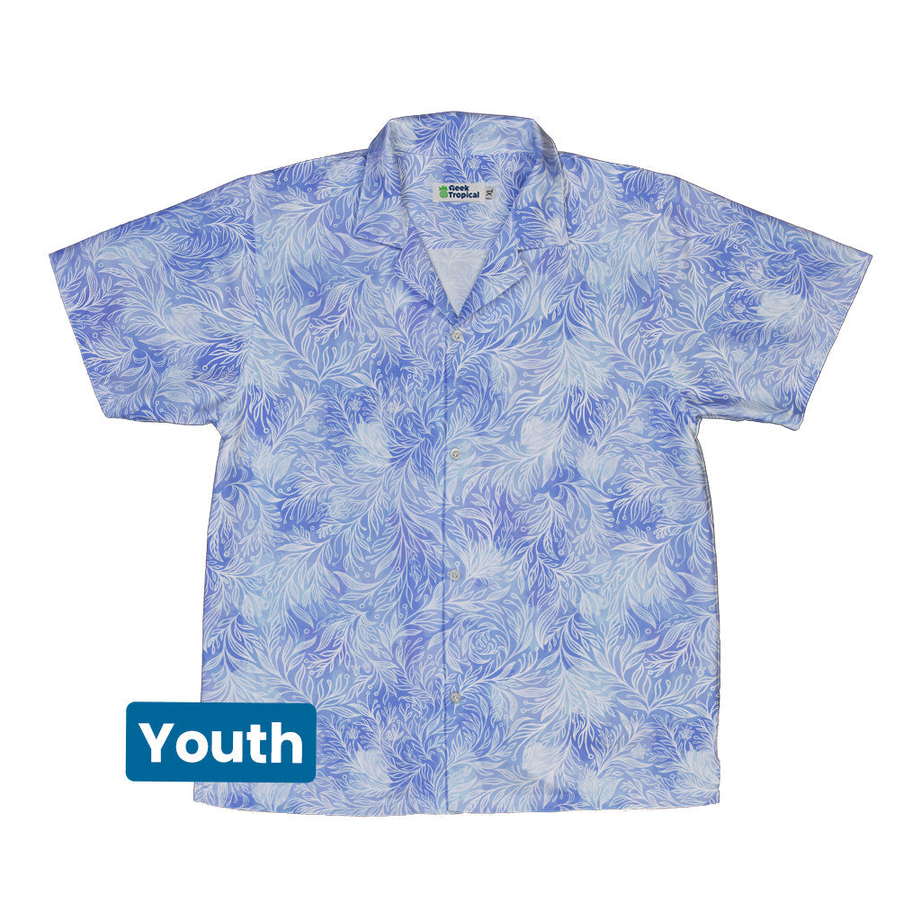 Periwinkle Batik Leaves Youth Hawaiian Shirt Front