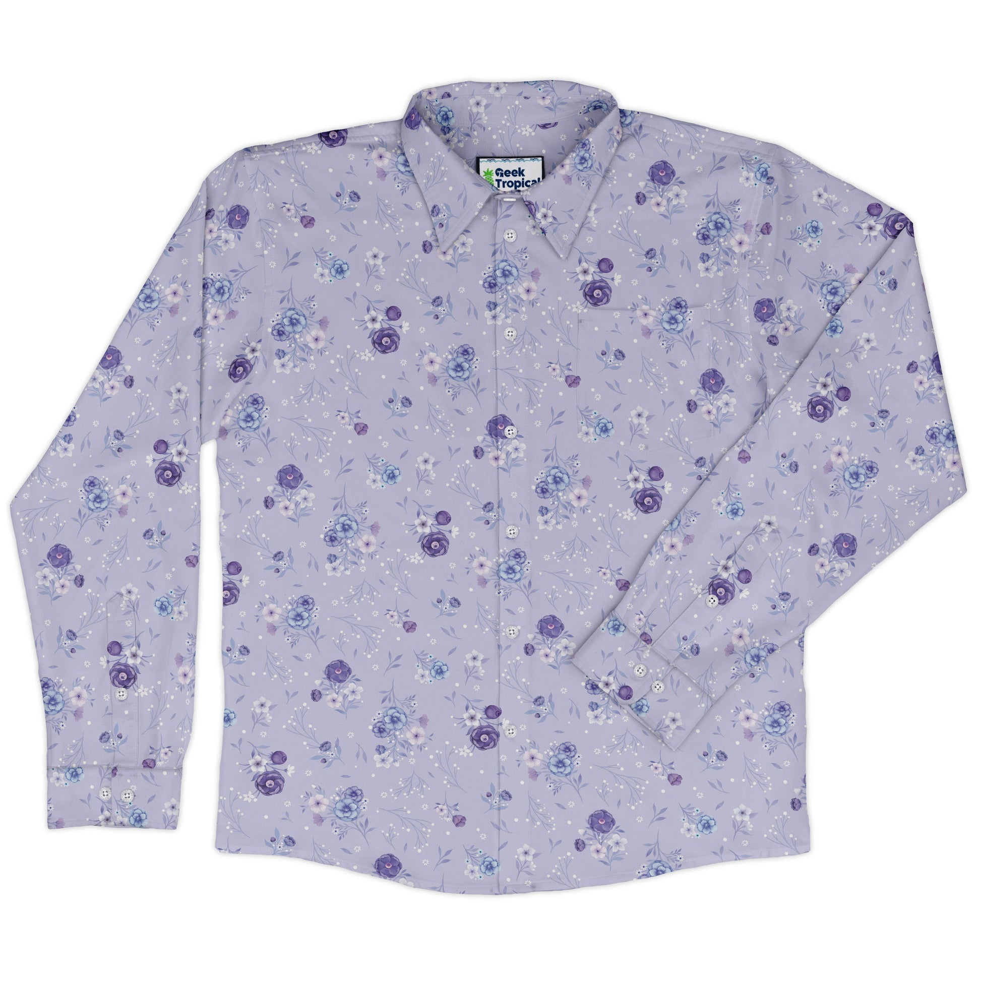 Periwinkle Rose Garden Long Sleeve Button Up Shirt front