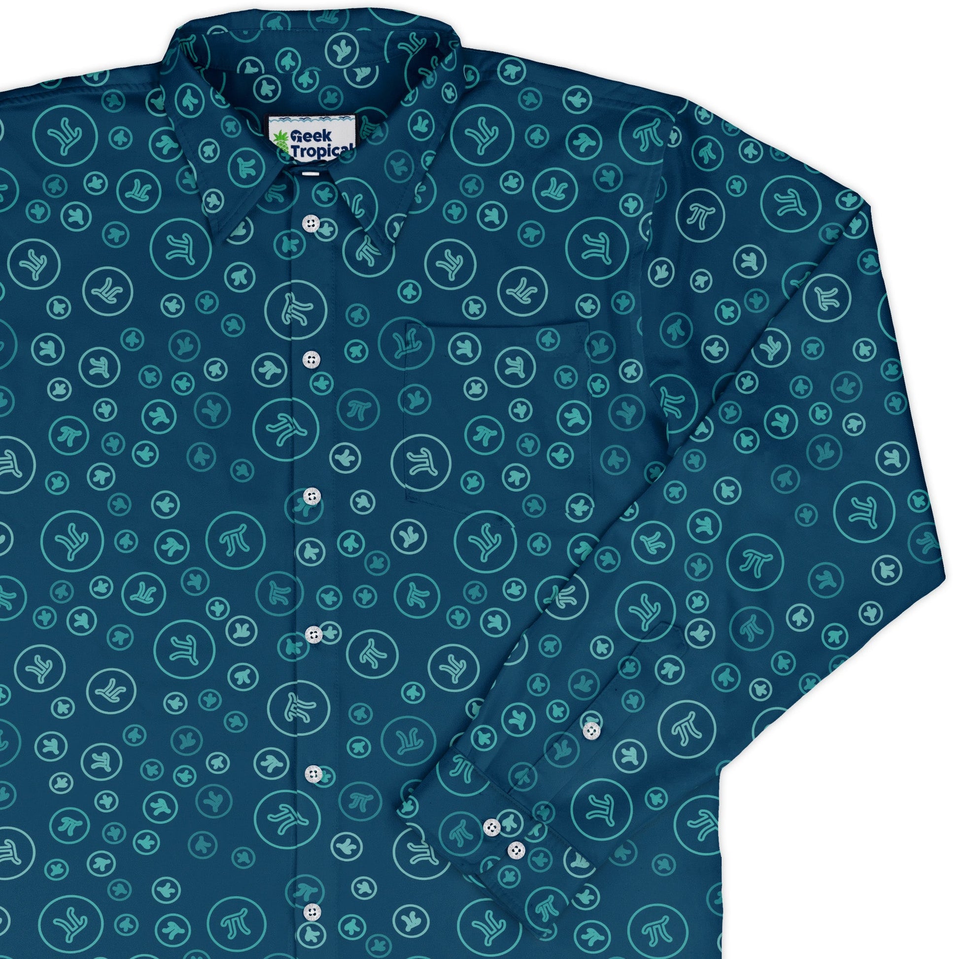 Pi 3.14 Math Blue Long Sleeve Button Up Shirt Geek Nerd adult sizing FLOW DESC WRITING mathematics print