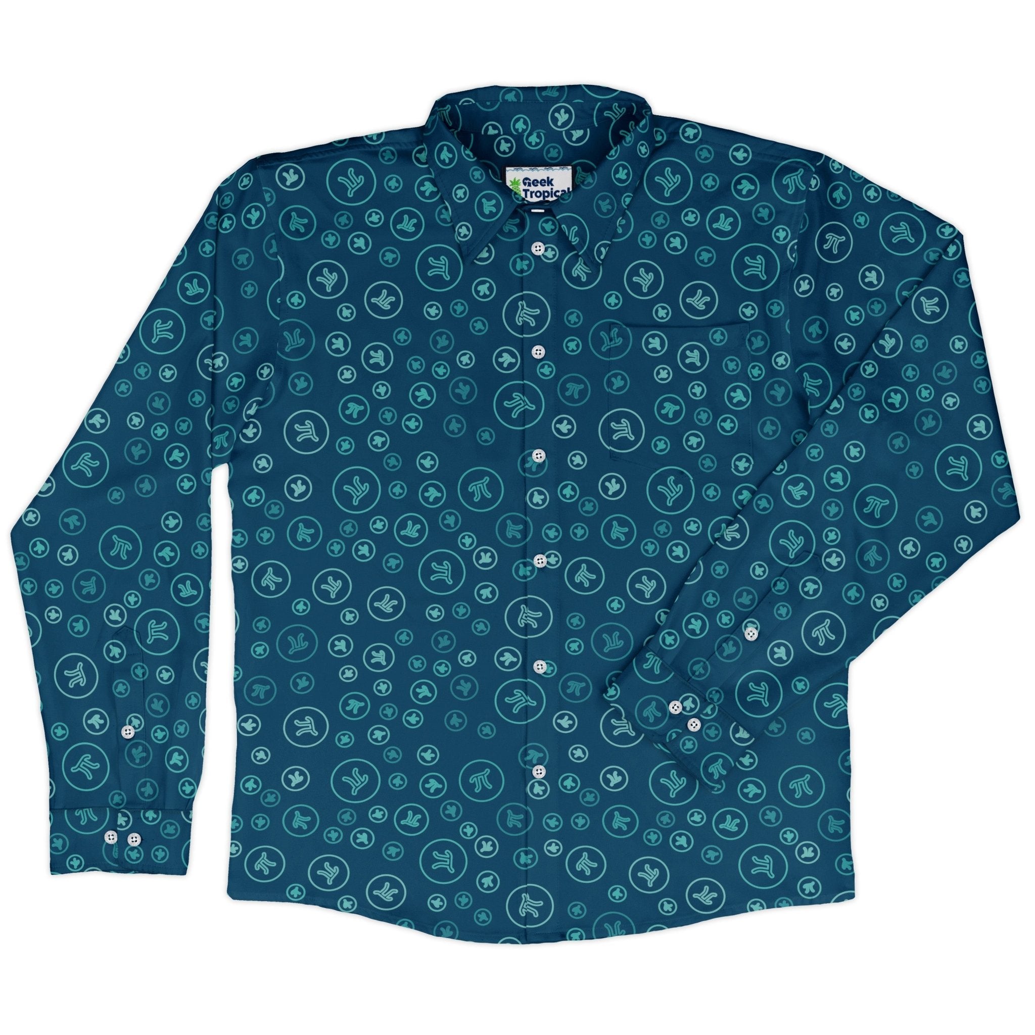 Pi 3.14 Math Blue Long Sleeve Button Up Shirt Geek Nerd adult sizing FLOW DESC WRITING mathematics print