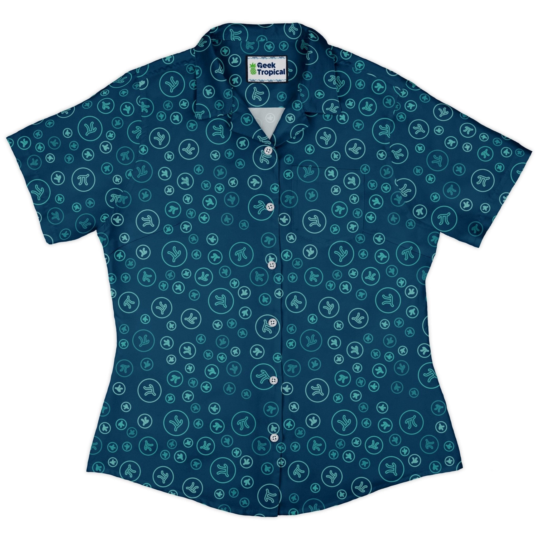 Pi 3.14 Math Blue Curvy Button Up Shirt Geek Nerd mathematics print women