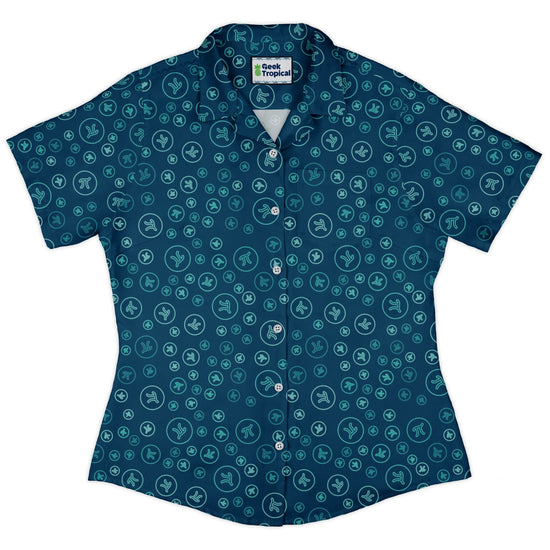 Pi 3.14 Math Blue Curvy Button Up Shirt Geek Nerd mathematics print women
