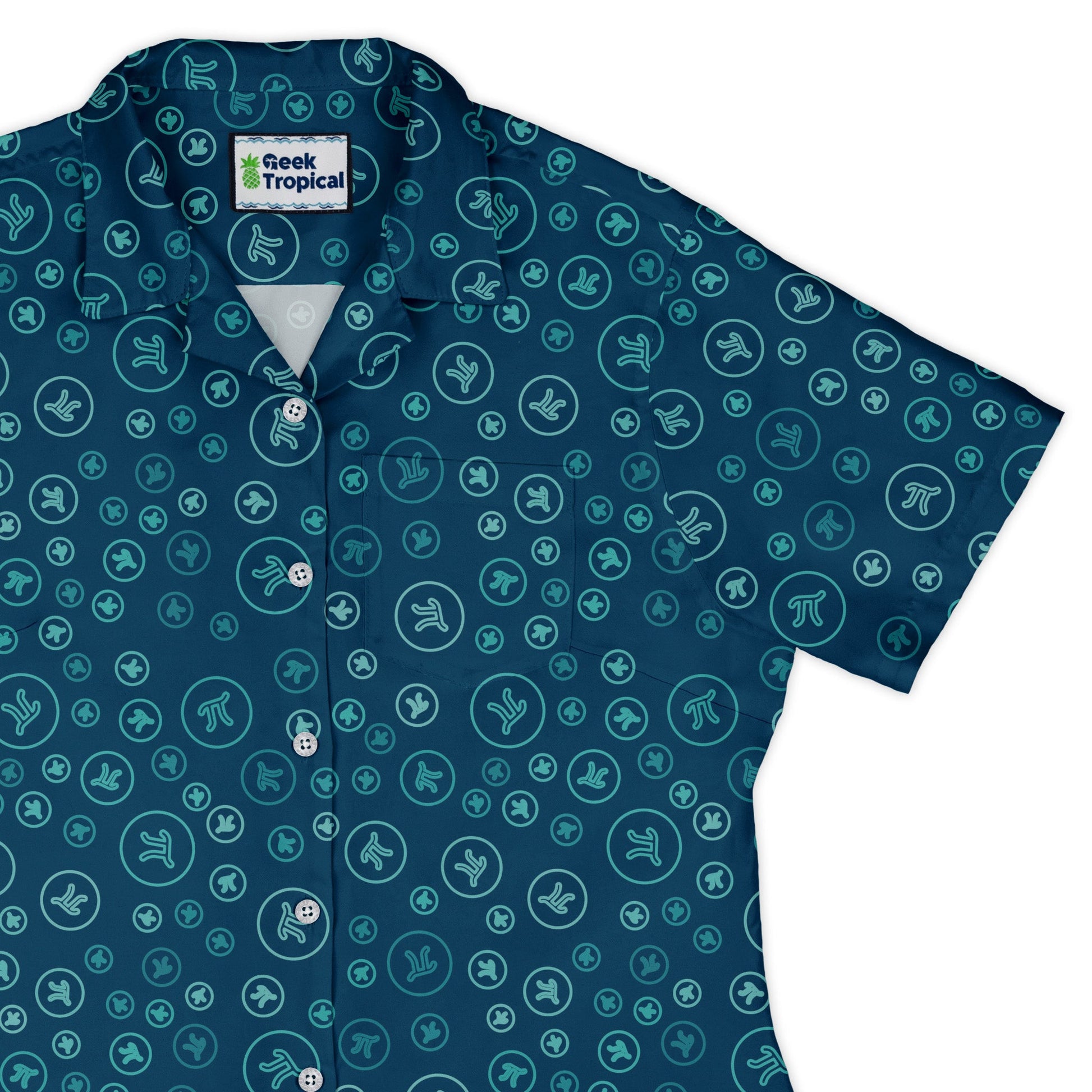 Pi 3.14 Math Blue Curvy Button Up Shirt Geek Nerd mathematics print women