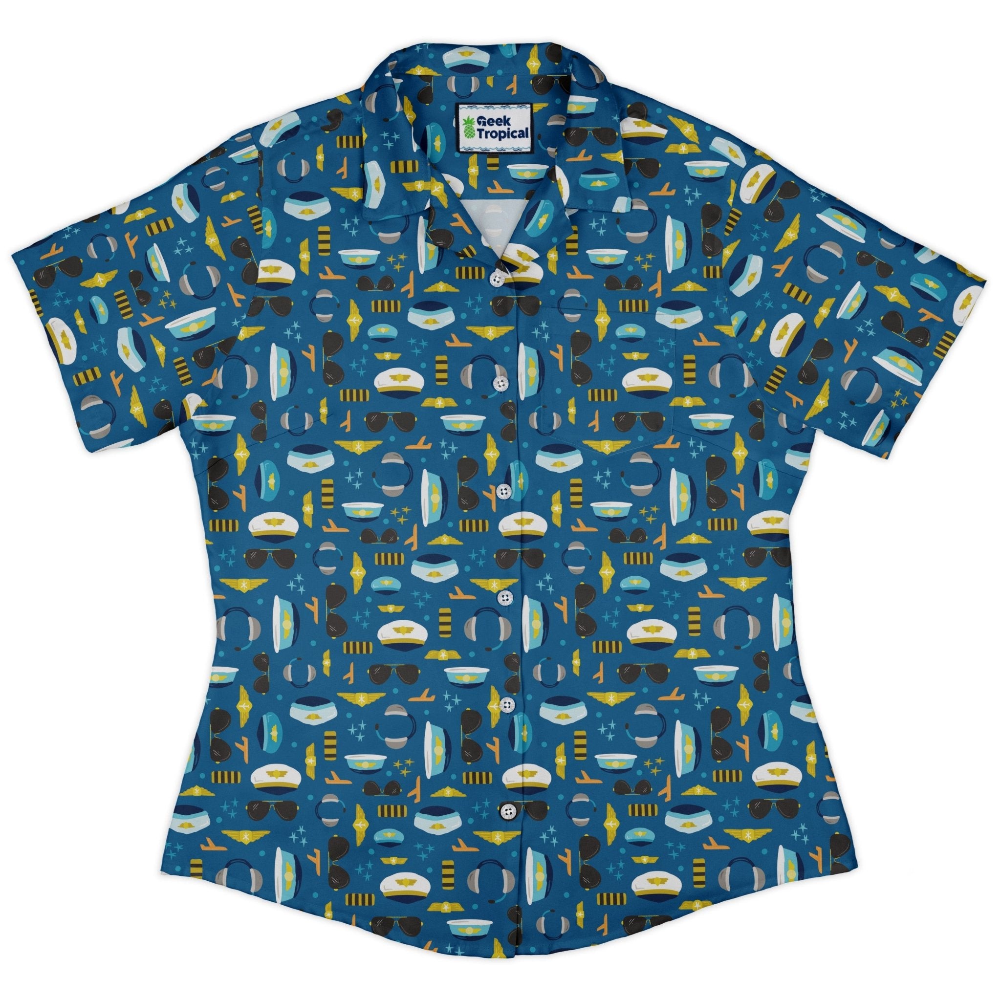 Pilot Uniform Curvy Button Up Shirt Geek Nerd aviation print Design by Zirkus Design q225