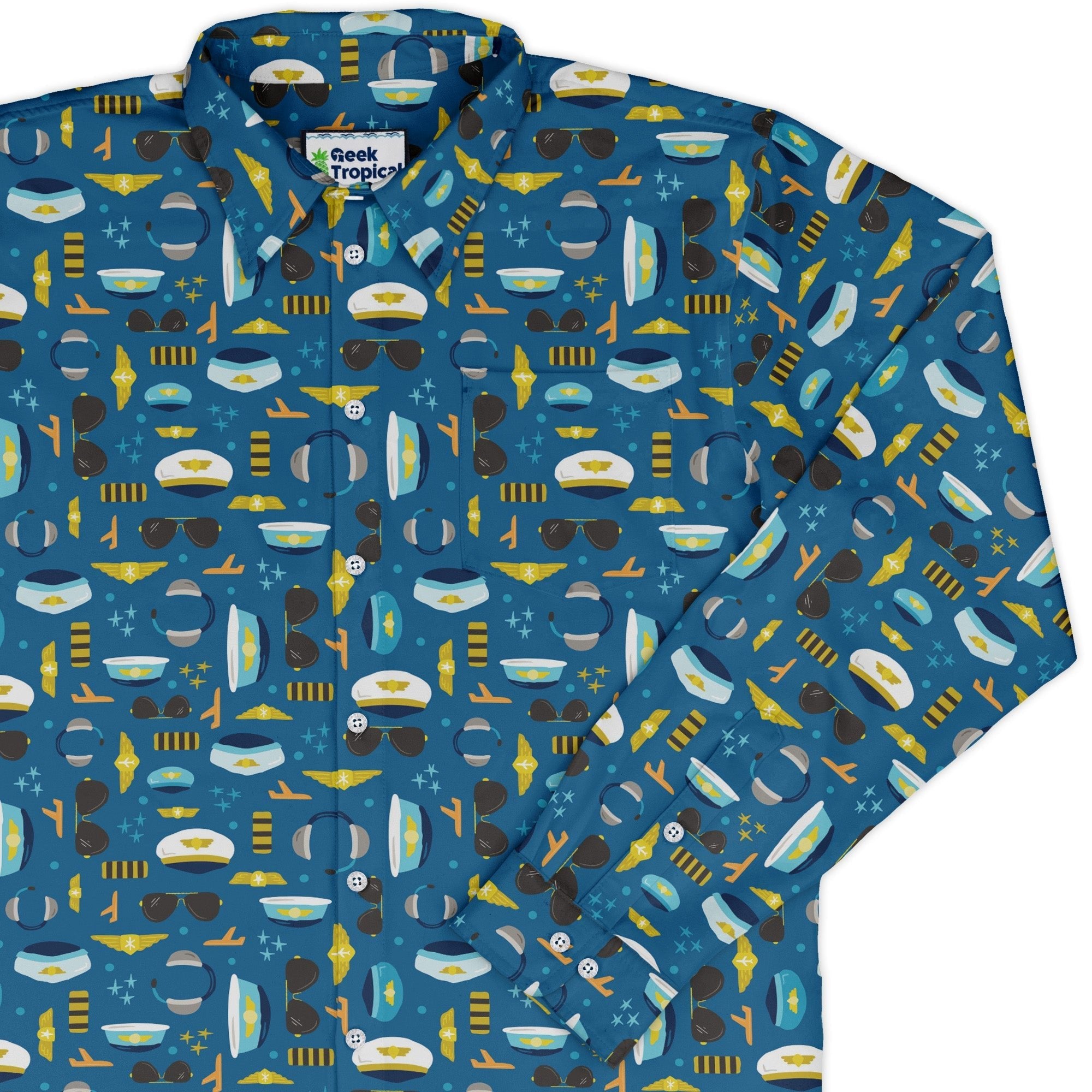 Pilot Uniform Long Sleeve Button Up Shirt Geek Nerd adult sizing aviation print Design by Zirkus Design