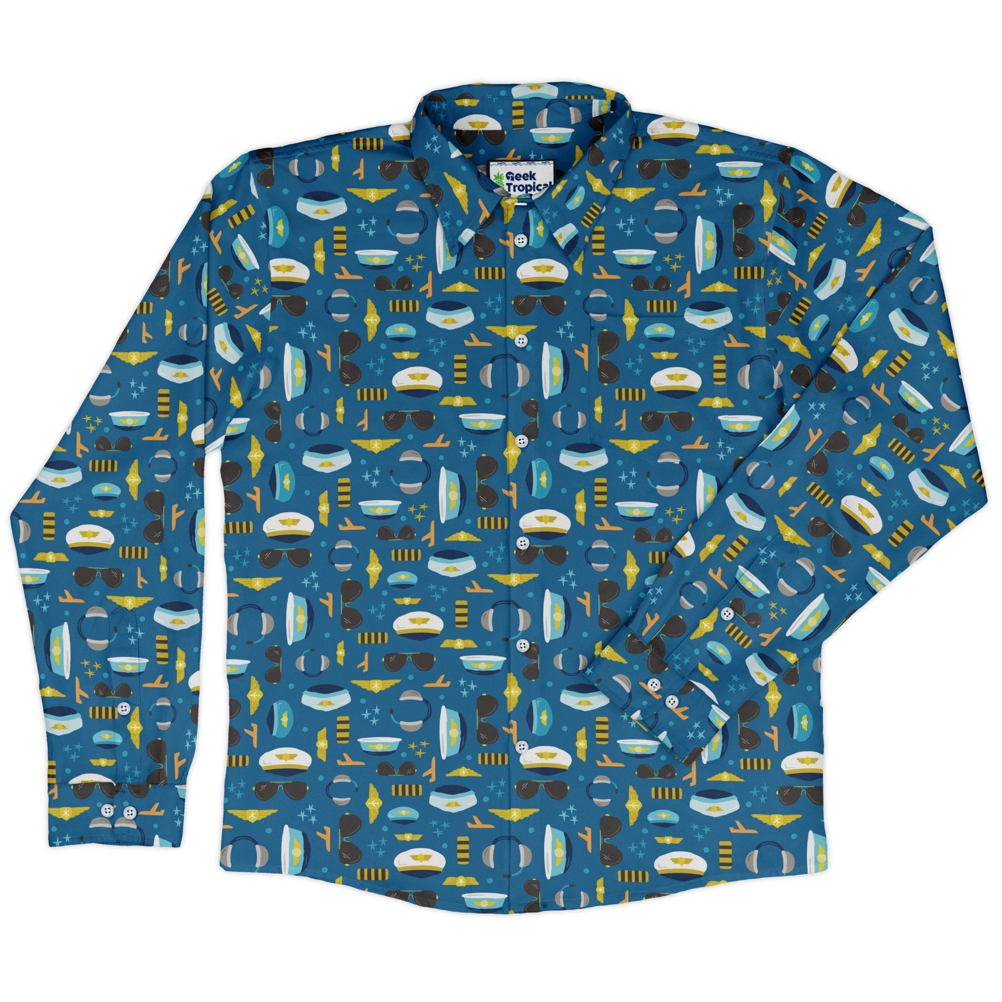 Pilot Uniform Long Sleeve Button Up Shirt Geek Nerd adult sizing aviation print Design by Zirkus Design