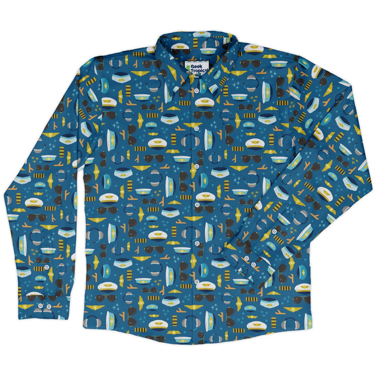 Pilot Uniform Long Sleeve Button Up Shirt Geek Nerd adult sizing aviation print Design by Zirkus Design