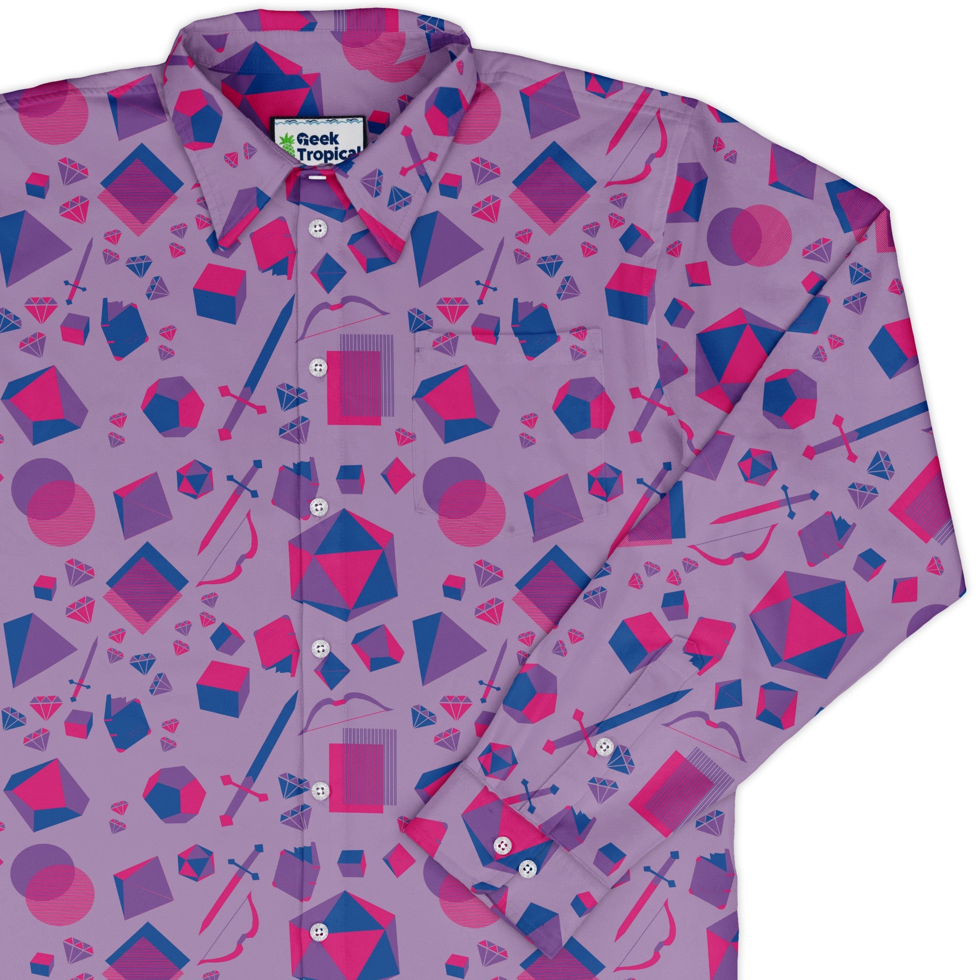 Pink Blue and Bisexual Colors Tabletop RPG Items Dnd Long Sleeve Button Up Shirt Geek Nerd adult sizing dnd & rpg print FLOW DESC WRITING