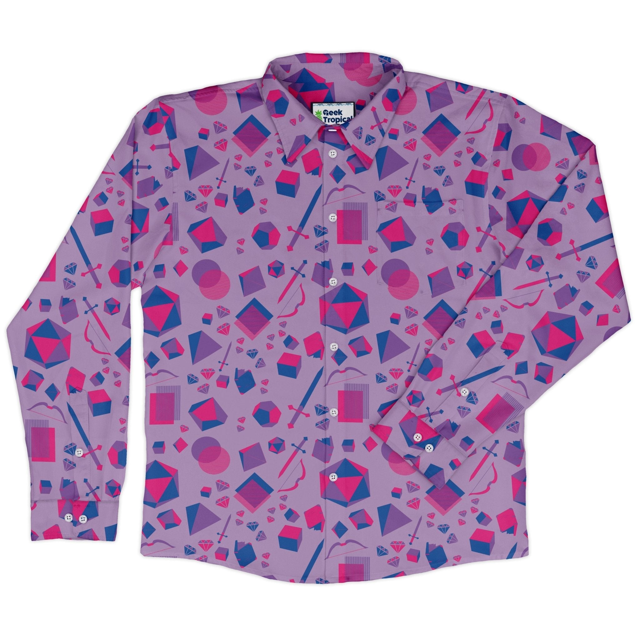 Pink Blue and Bisexual Colors Tabletop RPG Items Dnd Long Sleeve Button Up Shirt Geek Nerd adult sizing dnd & rpg print FLOW DESC WRITING