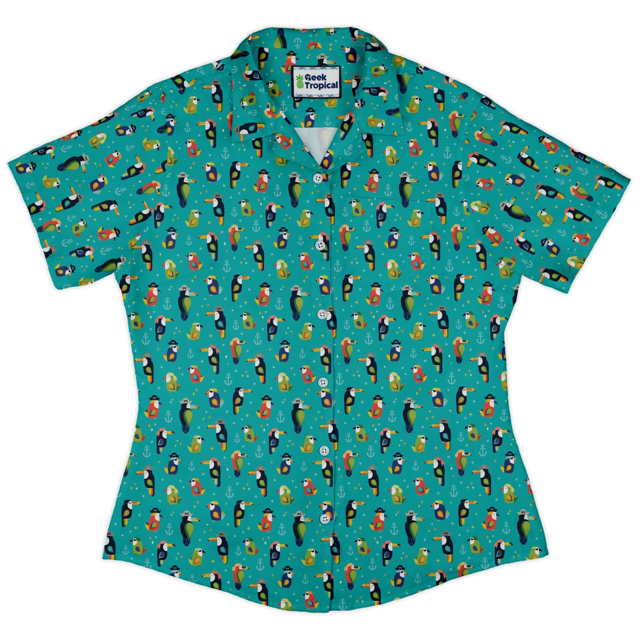 Pirate Toucans Curvy Button Up Shirt Geek Nerd animal patterns Design by Zirkus Design funny prints