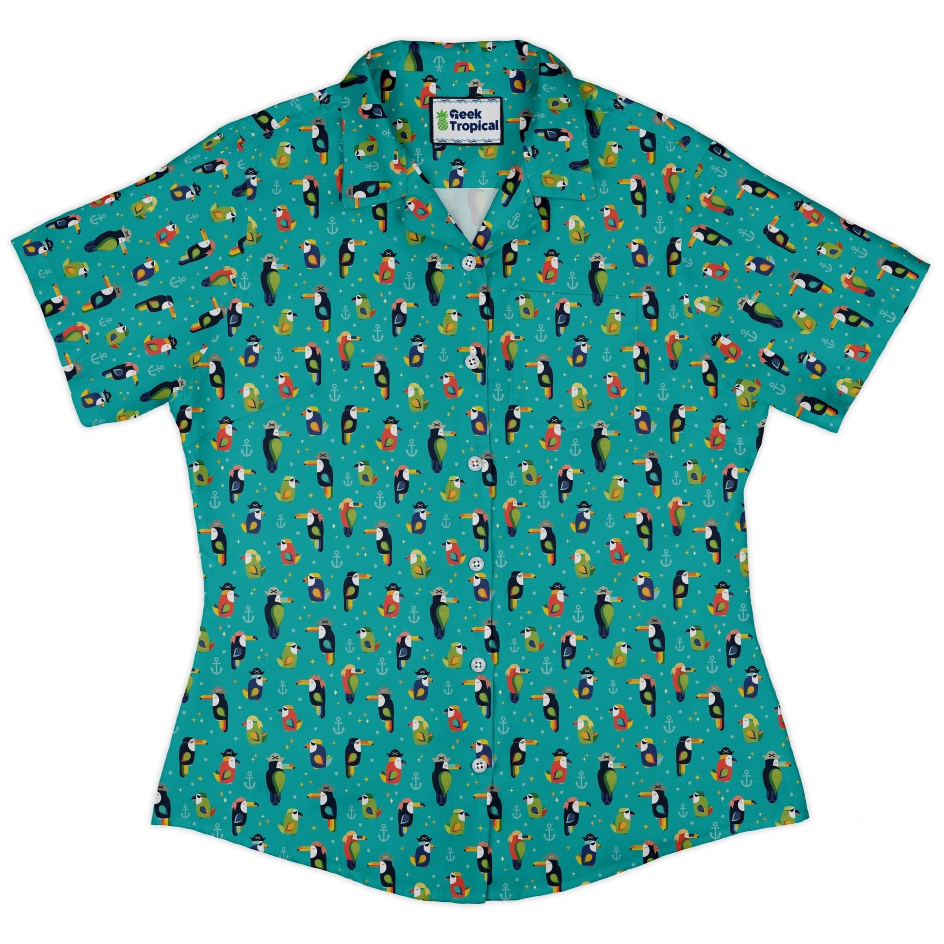 Pirate Toucans Curvy Button Up Shirt Geek Nerd animal patterns Design by Zirkus Design funny prints