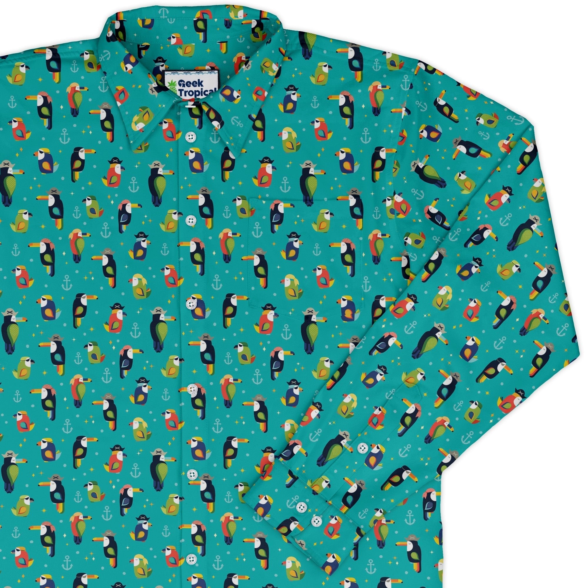 Pirate Toucans Long Sleeve Button Up Shirt Geek Nerd adult sizing animal patterns Design by Zirkus Design
