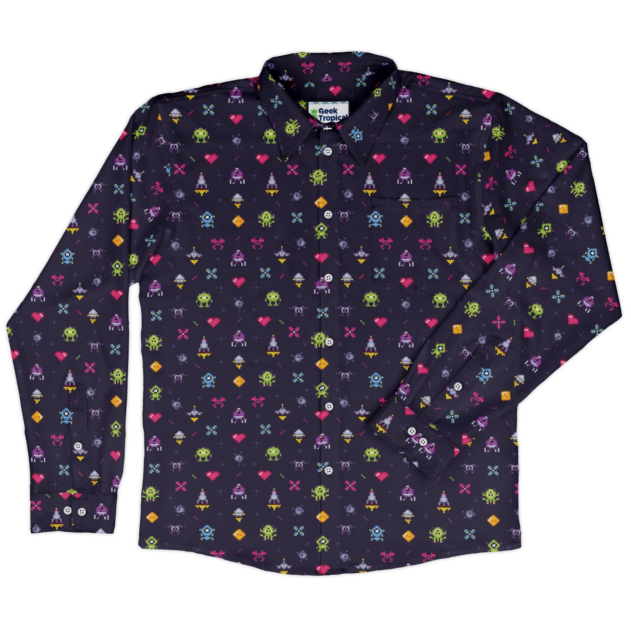 Pixel Art Arcade Video Game Purple Long Sleeve Button Up Shirt Geek Nerd adult sizing FLOW DESC WRITING video game arcade print