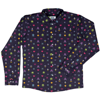 Pixel Art Arcade Video Game Purple Long Sleeve Button Up Shirt Geek Nerd adult sizing FLOW DESC WRITING video game arcade print