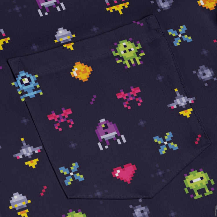 Pixel Art Arcade Video Game Purple Long Sleeve Button Up Shirt Geek Nerd adult sizing FLOW DESC WRITING video game arcade print