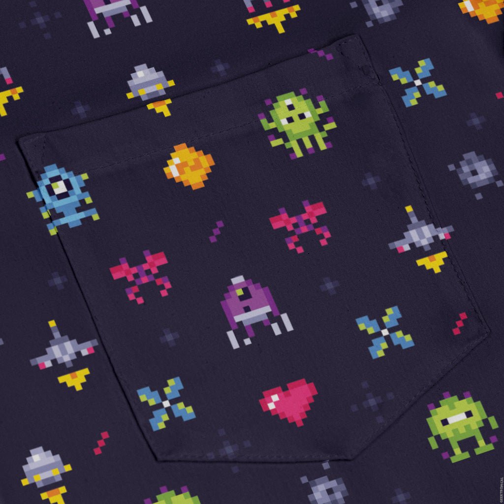Pixel Art Arcade Video Game Purple Long Sleeve Button Up Shirt Geek Nerd adult sizing FLOW DESC WRITING video game arcade print