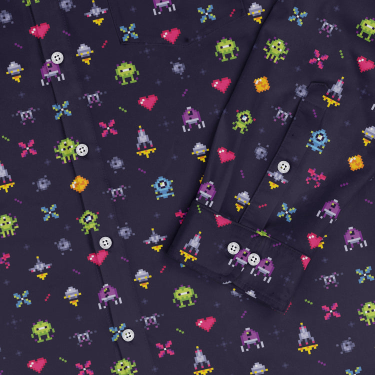 Pixel Art Arcade Video Game Purple Long Sleeve Button Up Shirt Geek Nerd adult sizing FLOW DESC WRITING video game arcade print